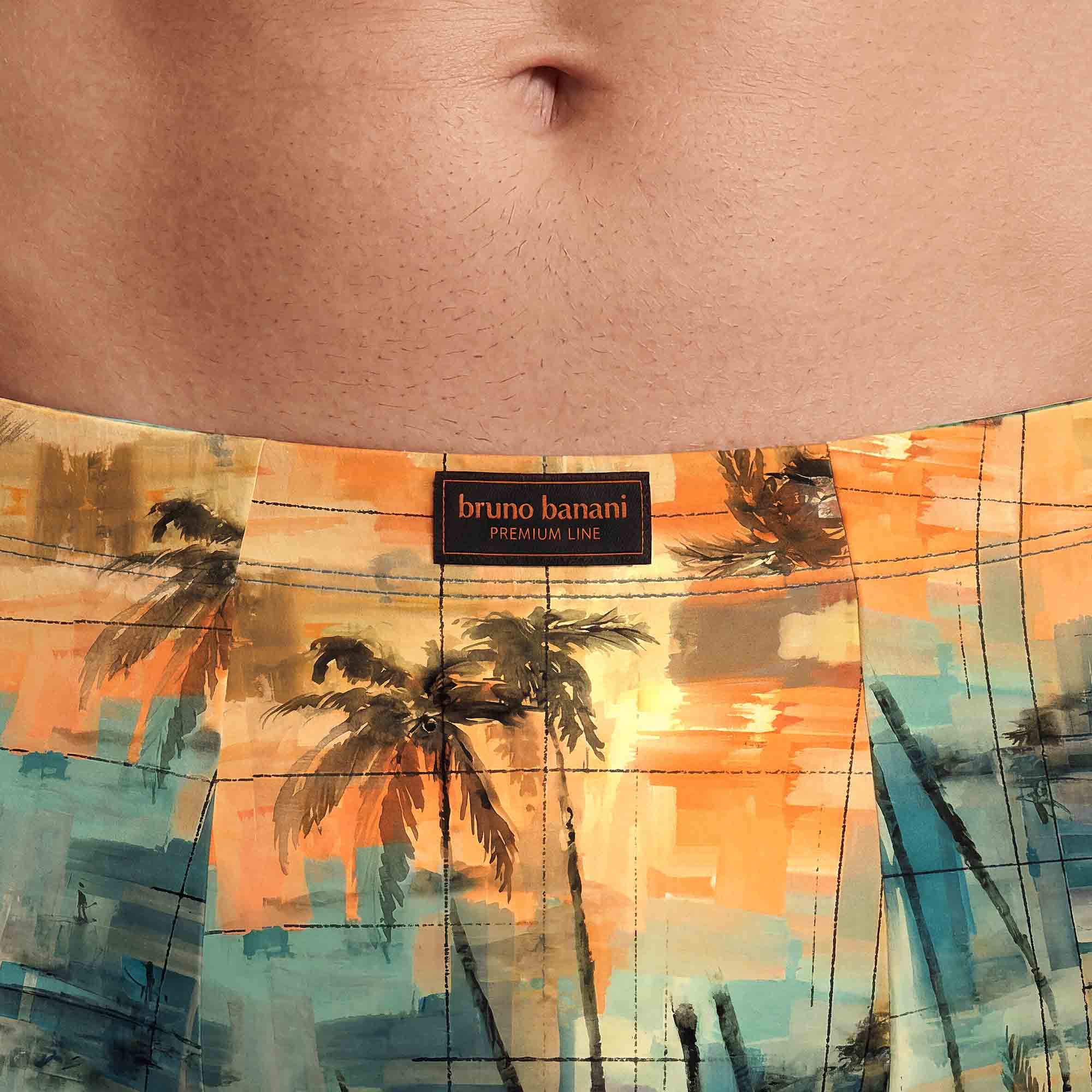 Herren-Boxershorts, Baumwollstoff, Palmenmuster, Orange-Türkis, Webbund