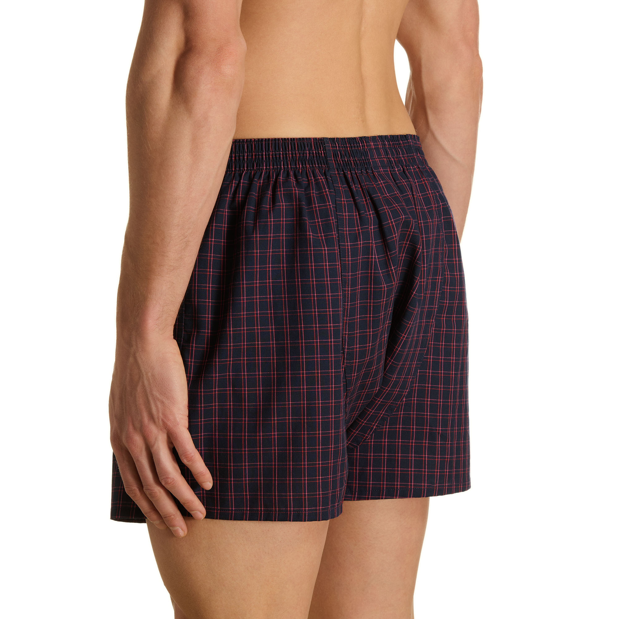 Herren-Boxershorts, Karomuster, Dunkelblau, Rote Linien, Elastischer Bund