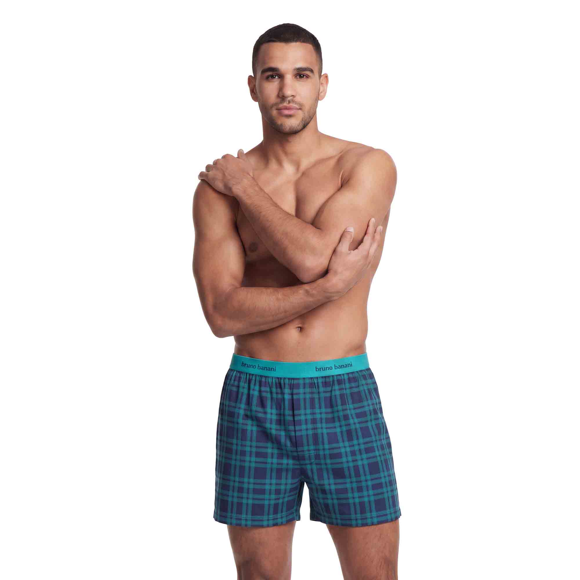 Herren-Boxershorts, Webstoff, Karomuster, Blau-Türkis, Elastischer Bund