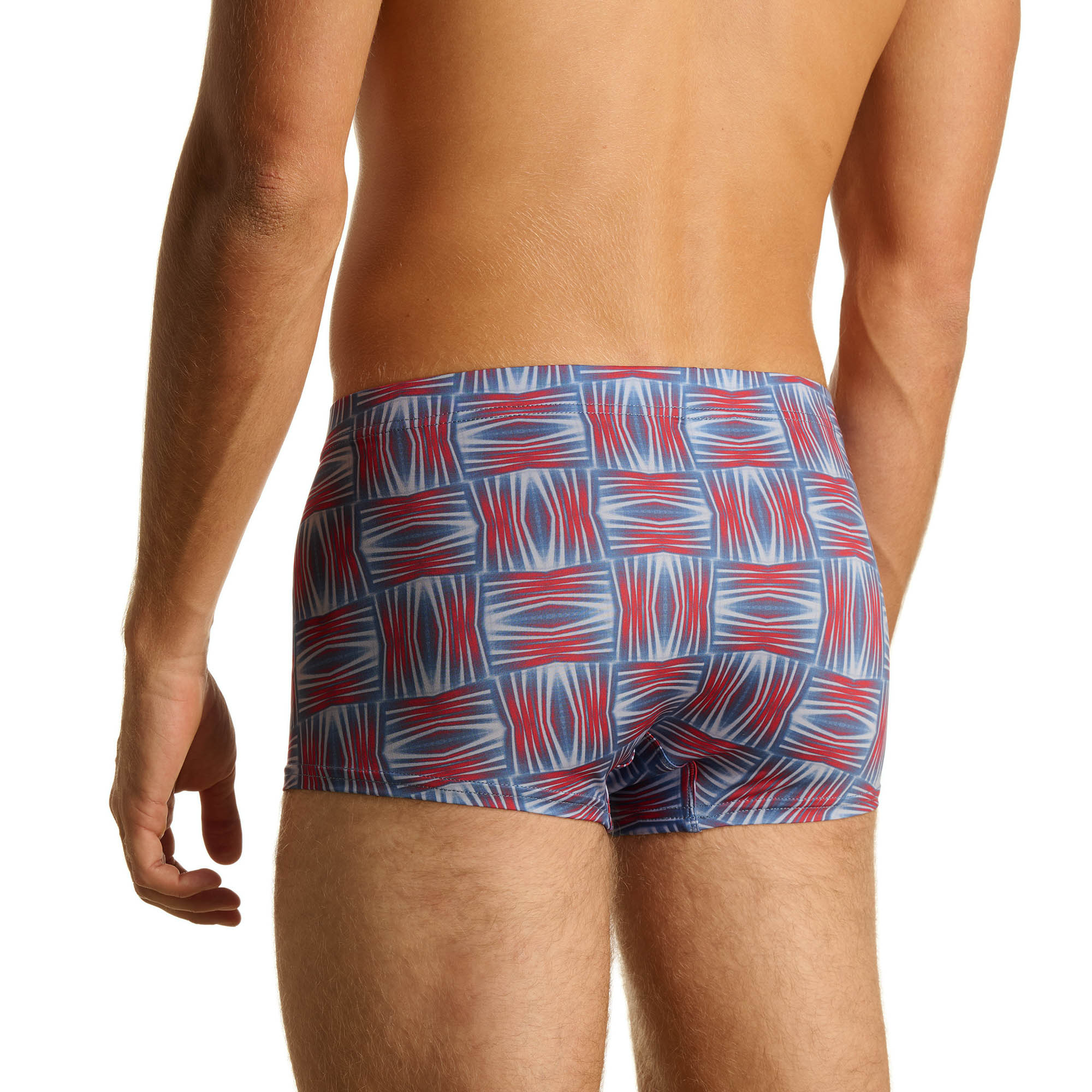 Herren-Schwimmhose, Schwimmshorts, Gemustertes Gewebe, Blau-Rot Druck, Kurze Hose