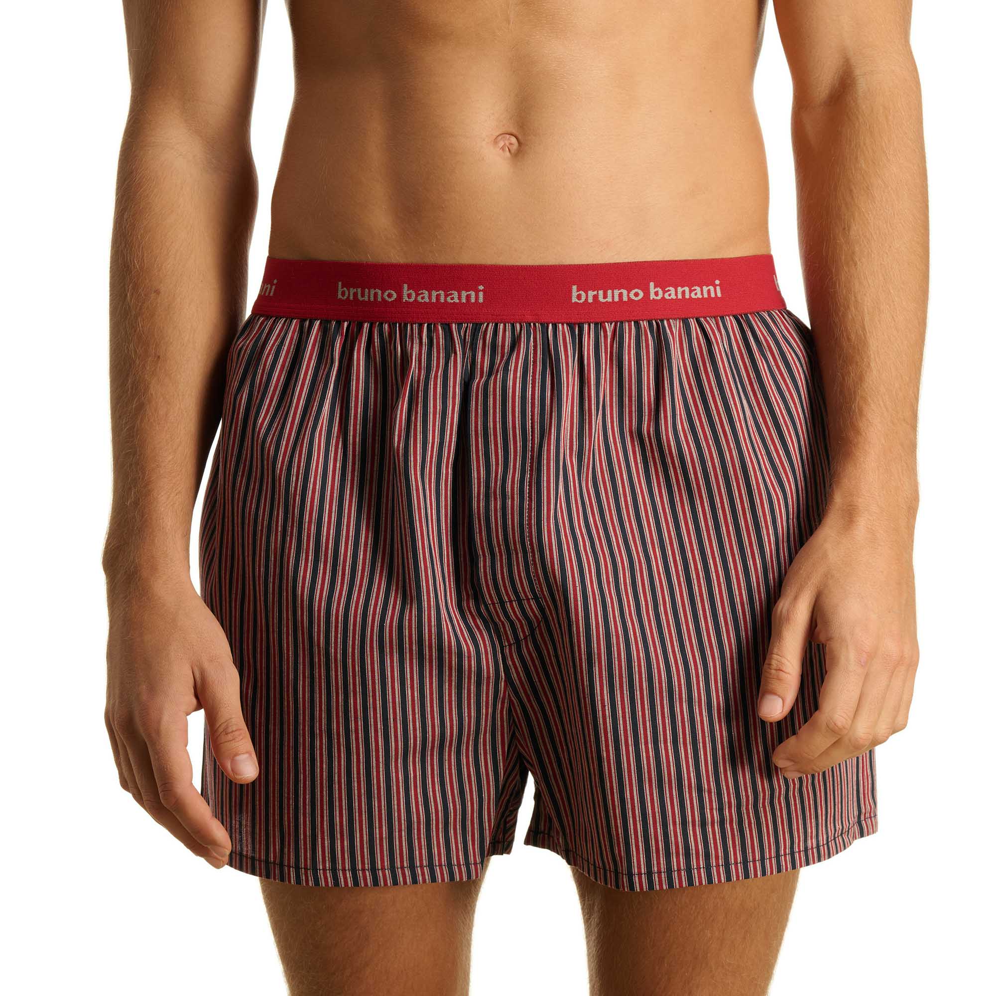 Boxershorts, gestreiftes Muster, roter Bund, Mittellänge, Herrenunterwäsche