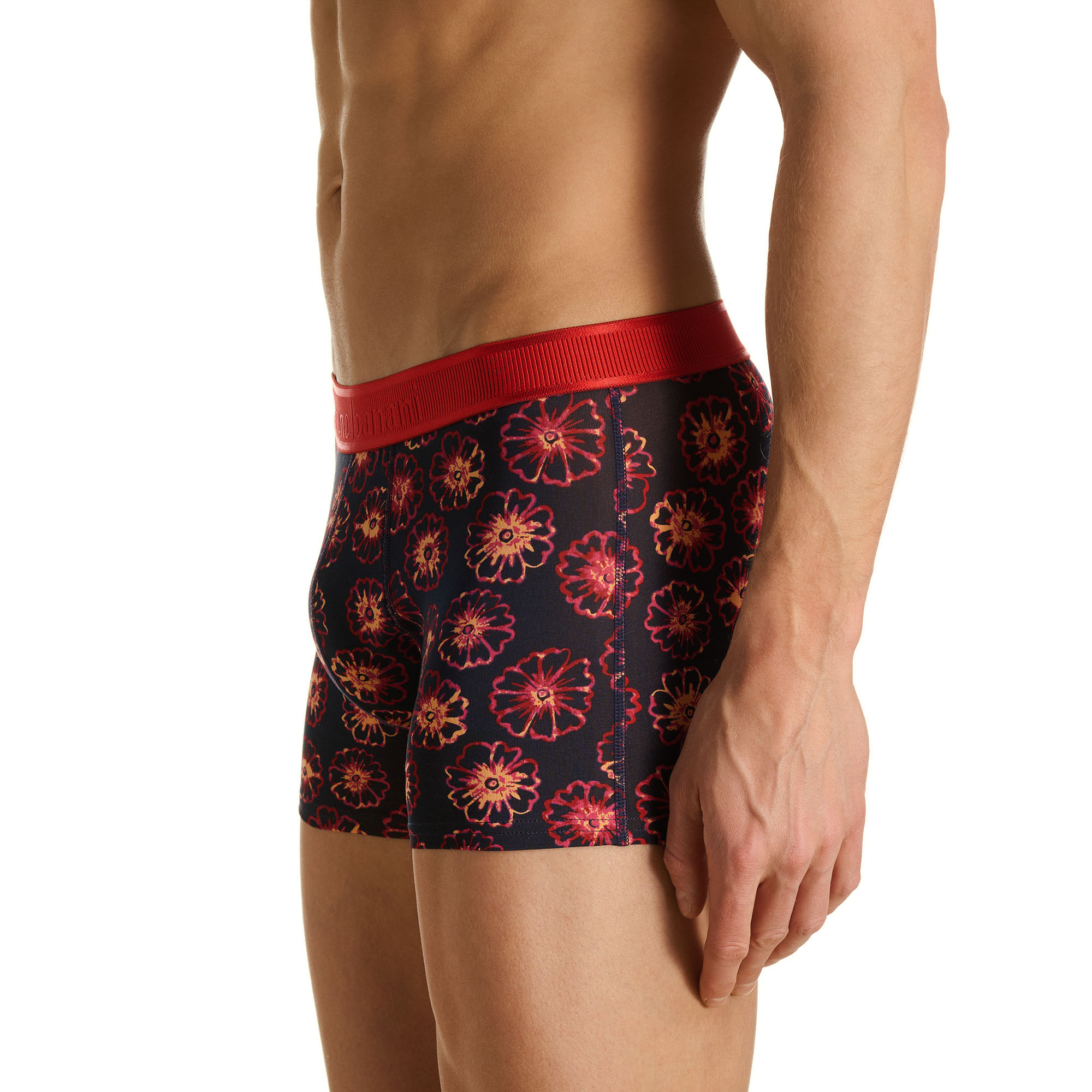 Herren-Boxershorts, Blumenmuster, Schwarz, Roter Bund, Stretchstoff