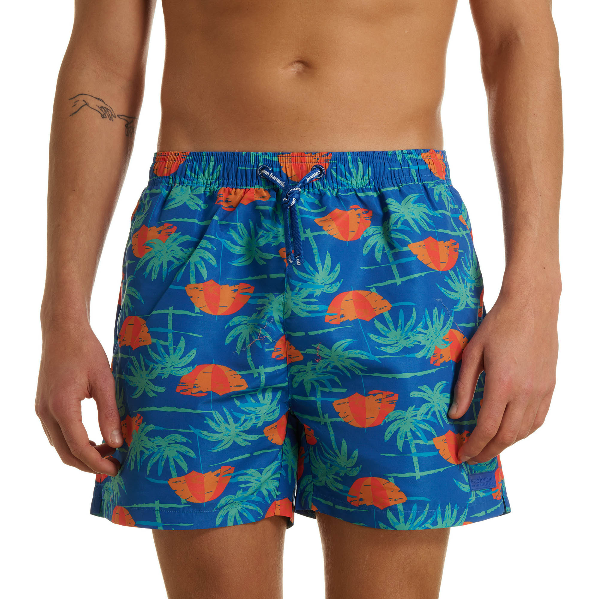Shorts, Badeshorts, Palmenmuster, Blau, Kordelzug