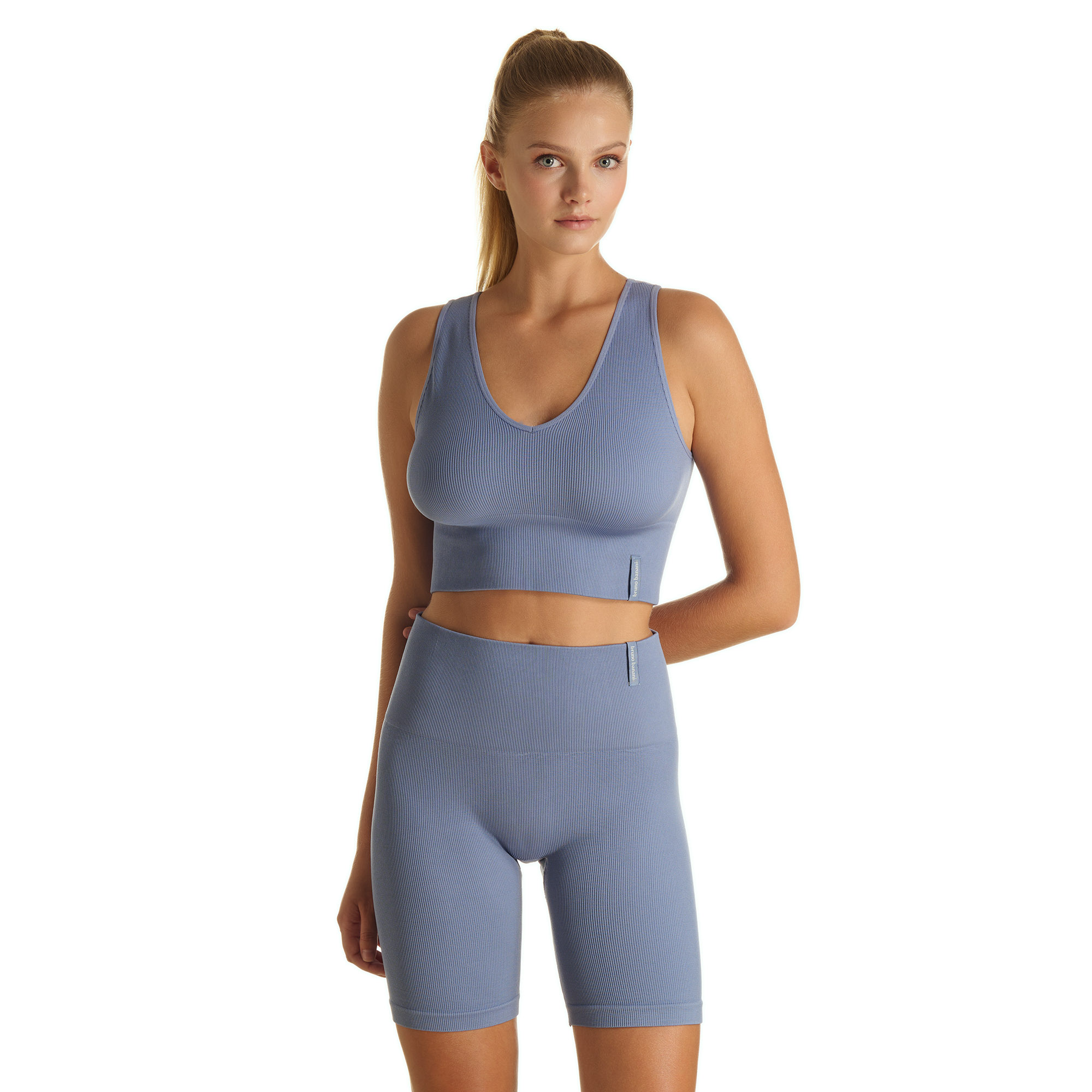 Sport-BH, Biker-Shorts, Rippenstruktur, Reiner Stoff, Blau-Heliotrope