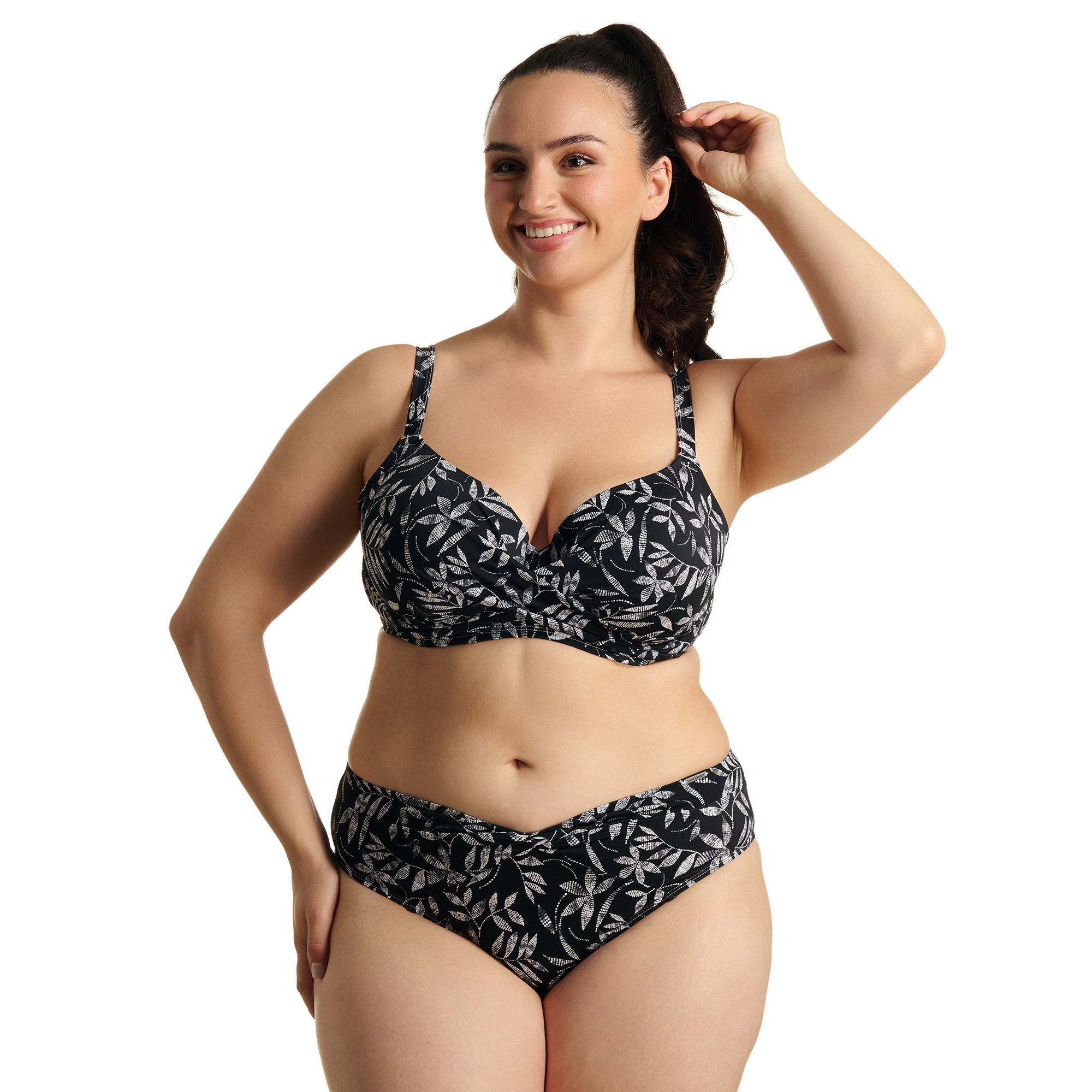 BH BH, BH Set, Spitzenmuster, Blätterdruck, Schwarz-Grau