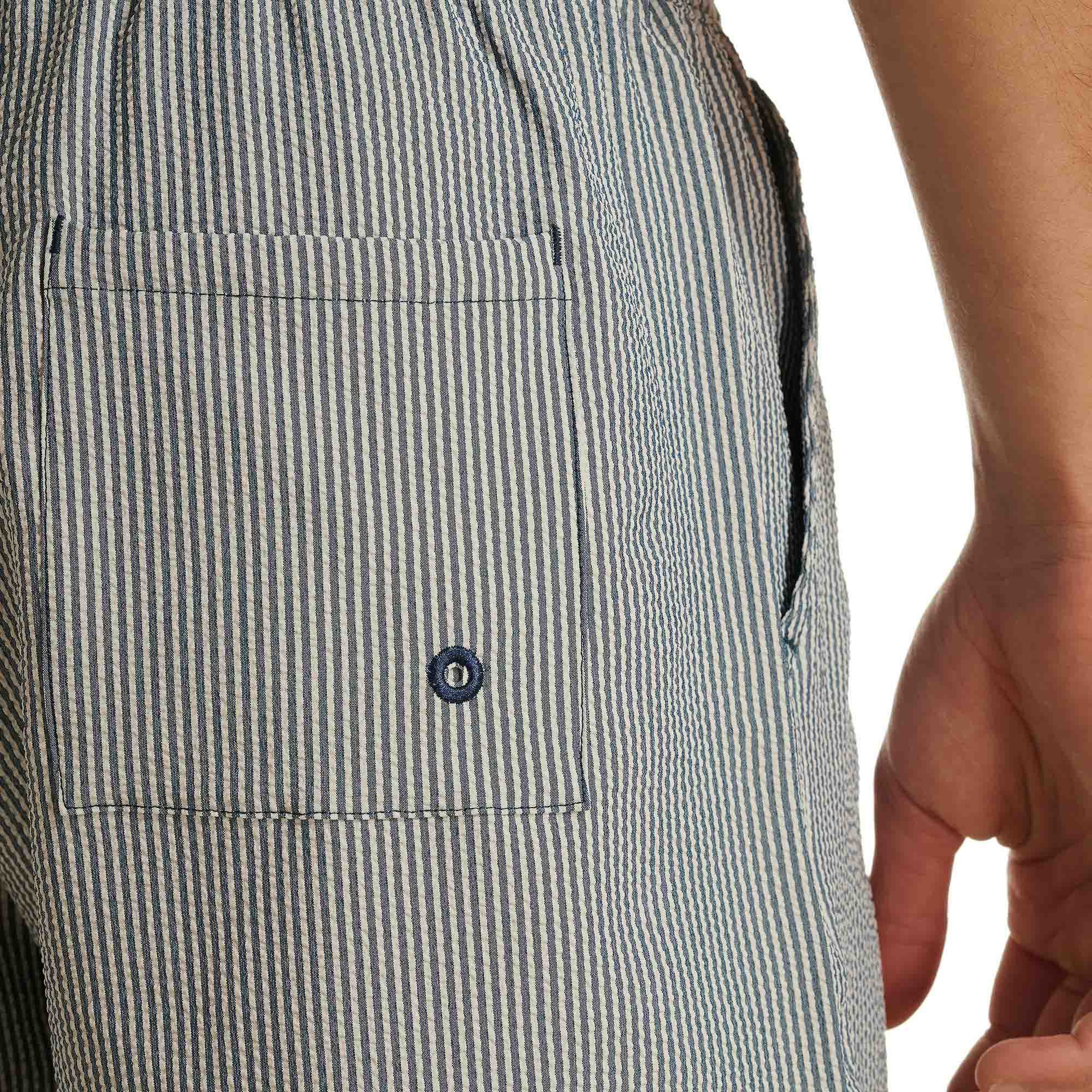 Streifenstoff, Brusttasche, Knopfloch, Blau gestreift, Freizeitshorts