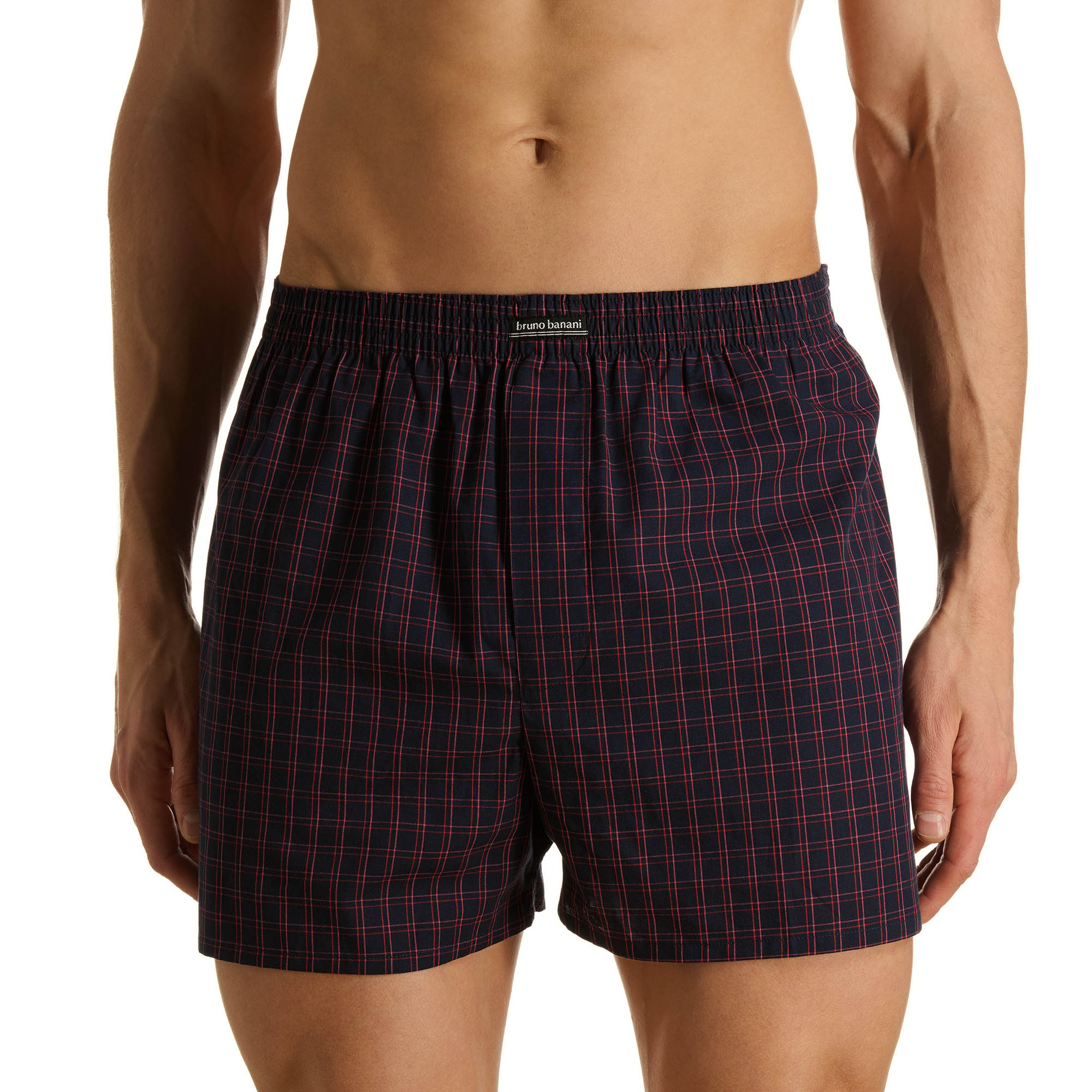 Herren-Boxershorts, Webstoff, Dunkelblau, Rotes Karomuster, Elastischer Bund