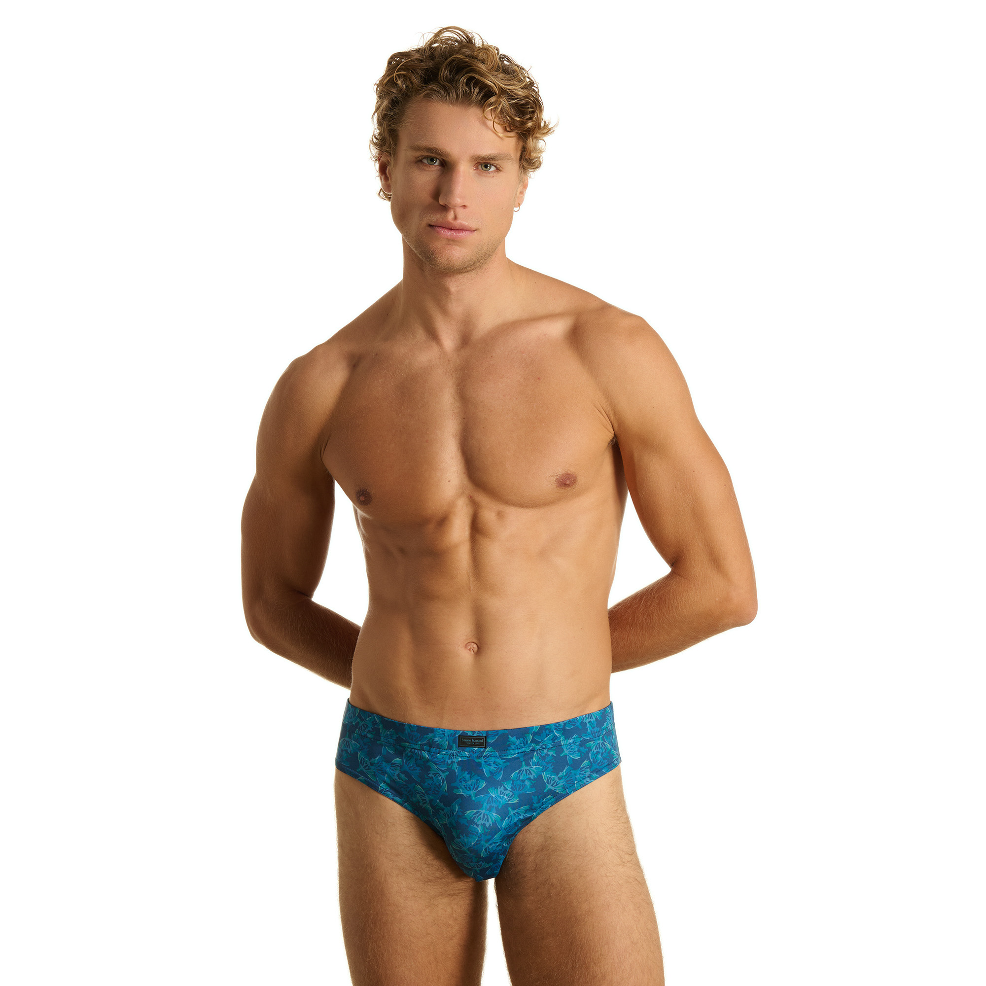 Schwimmhose, Herrenkleidung, blau gemustert, Slip, elastischer Bund
