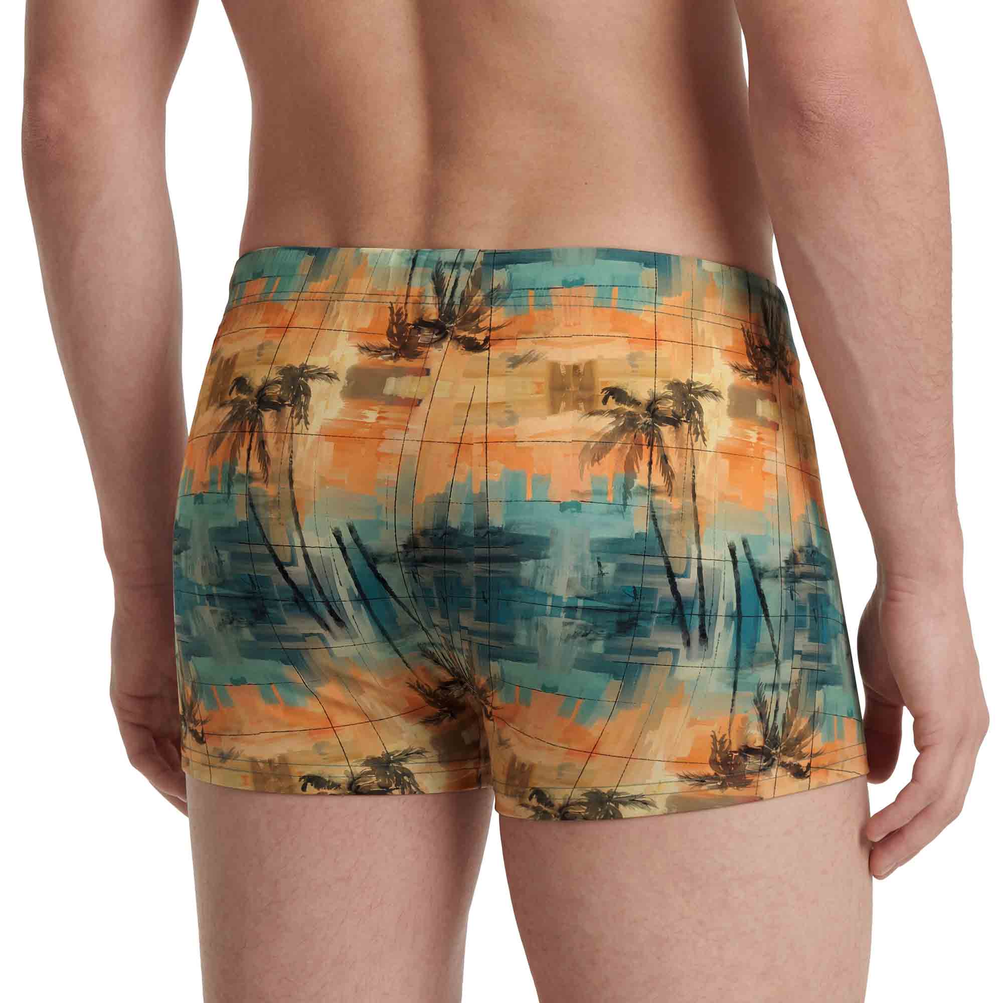 Herren-Boxershorts, Badehose, Palmenmuster, Orange-Türkis, Kurzes Bein