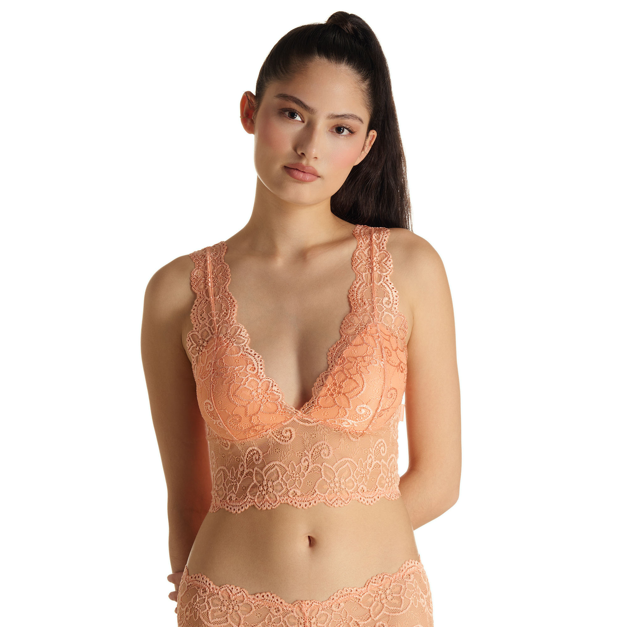Spitzen-BH, Pfirsichfarben, Spitzenunterwäsche, Spitzeneinfassung, Brassière-Bandeau