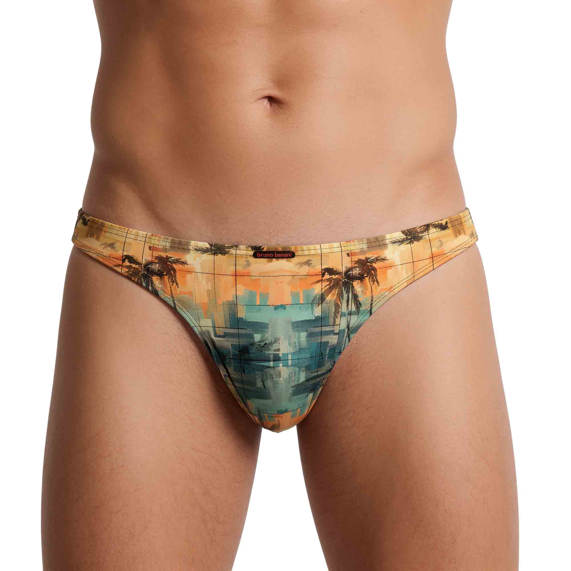 Herrenstring, Bunter Druck, Palmenmotiv, Niedrige Taille, Stretchstoff