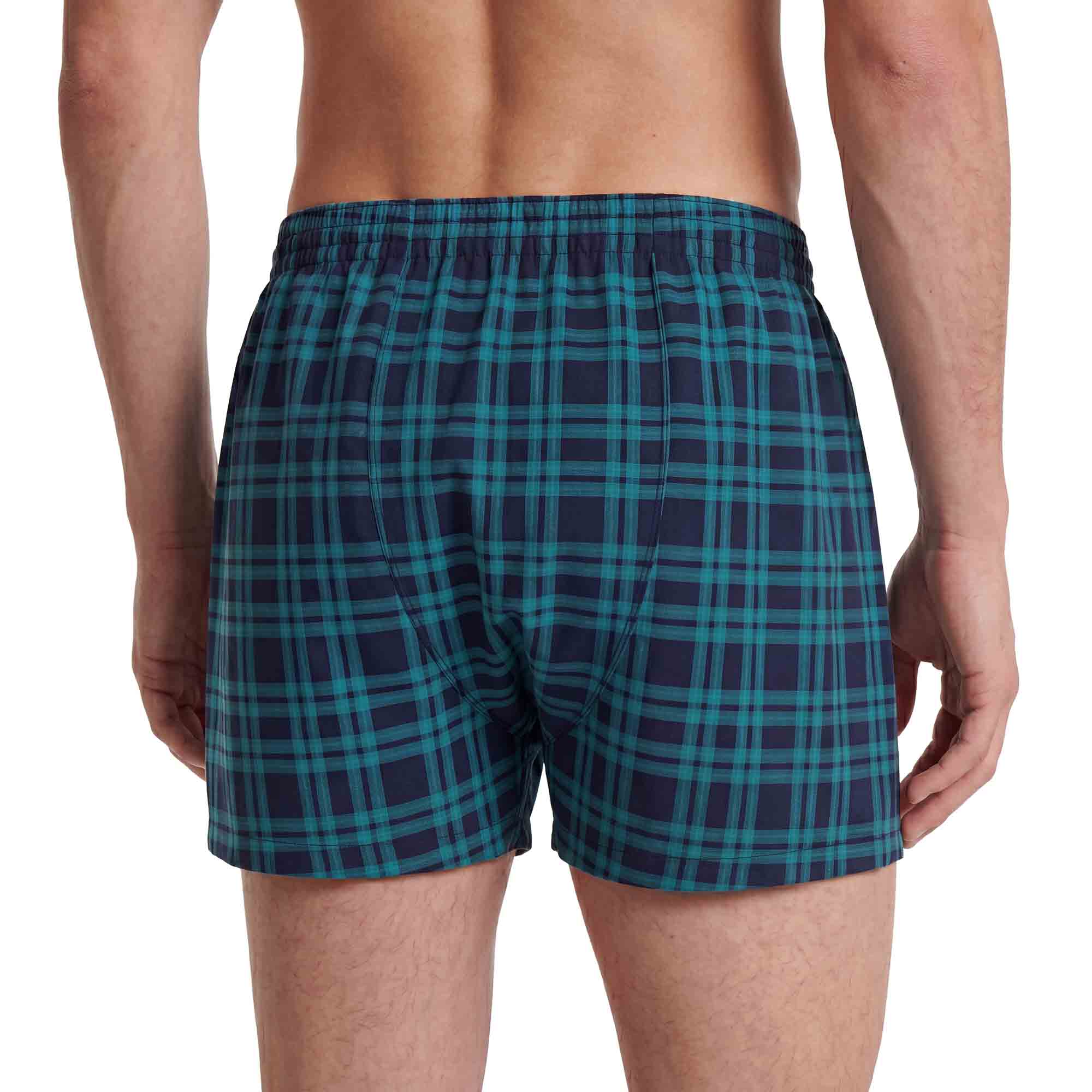 Herren-Boxershorts, Webstoff, Dunkelblau, Türkis kariert, Elastikbund
