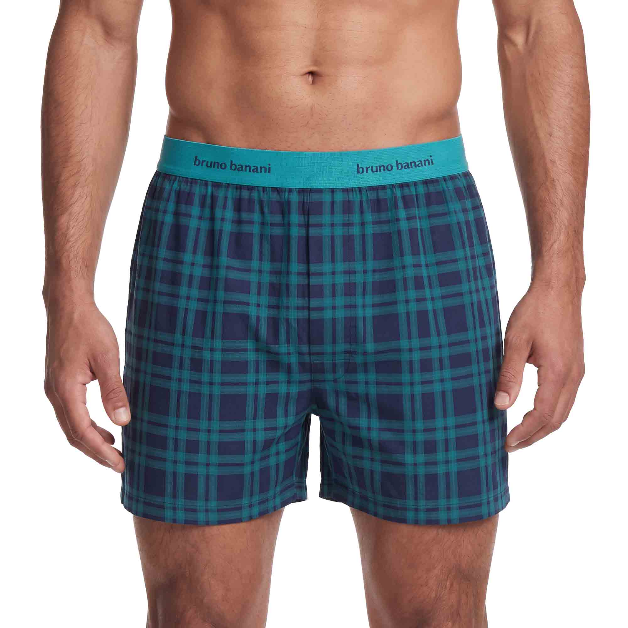 Herren-Boxershorts, Webstoff, Karomuster, Dunkelblau-Türkis, Elastischer Bund
