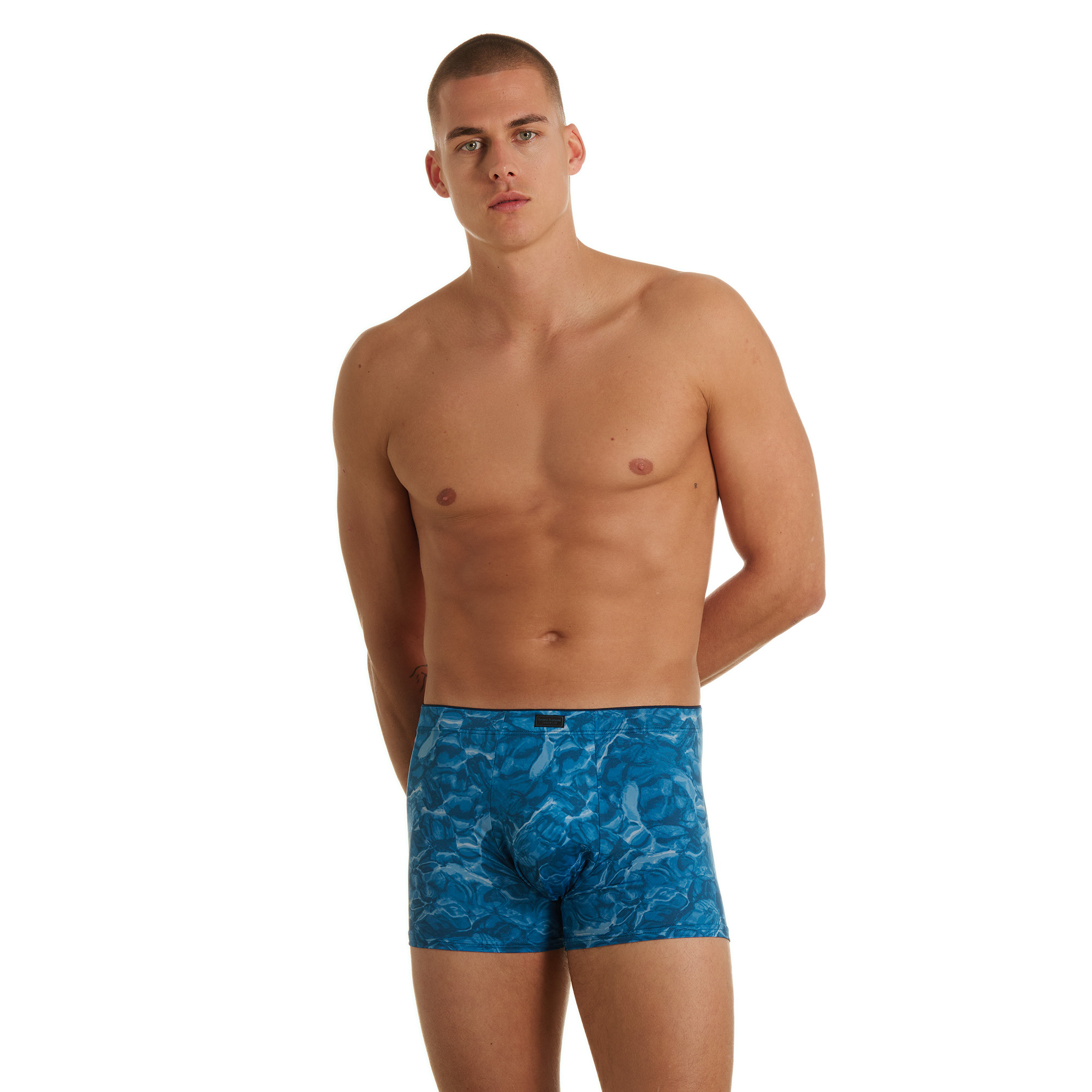 Boxershorts, Badeshorts, blaues Muster, Mid Rise, elastischer Stoff