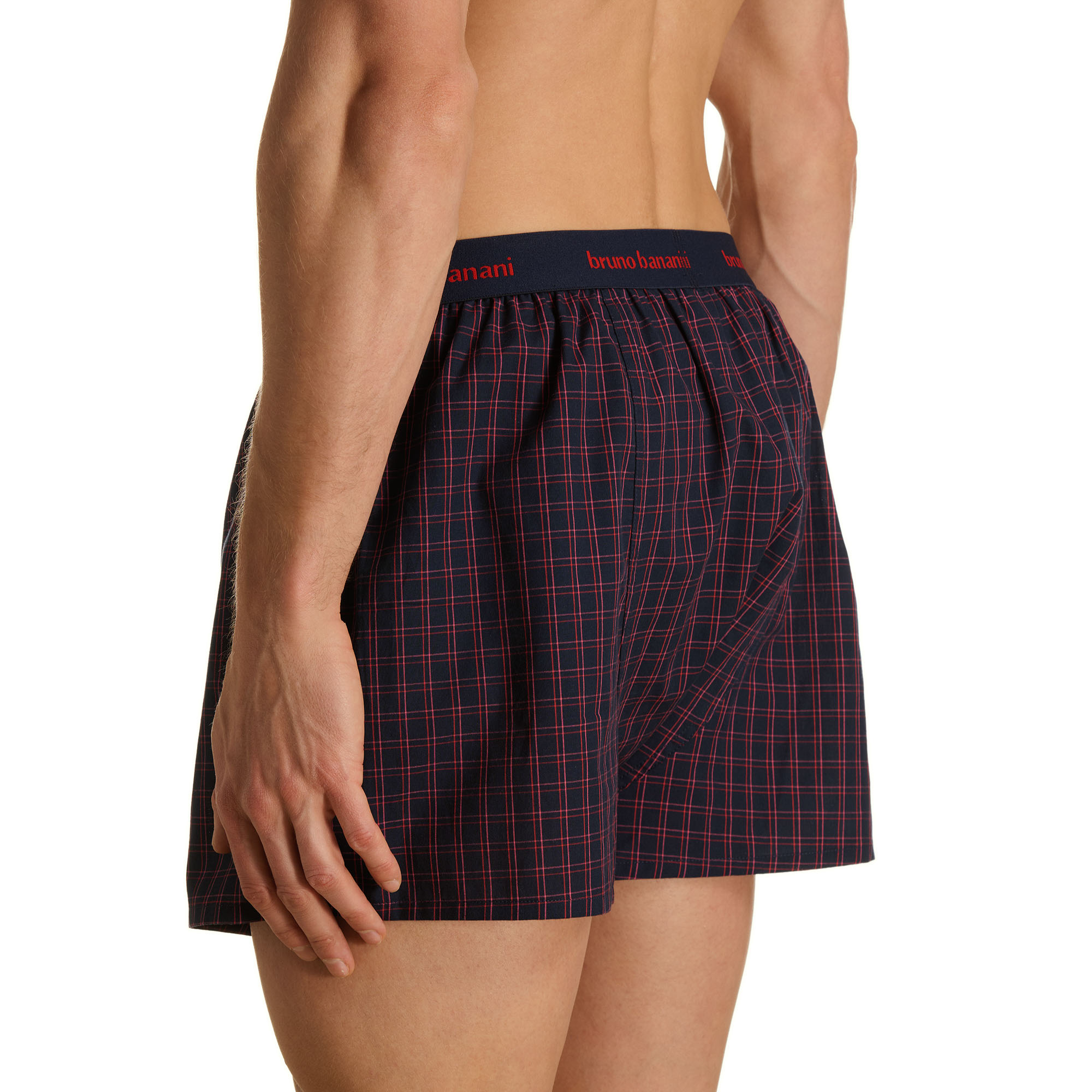 Herren-Boxershorts, Webstoff, Dunkelblau, Rotes Karomuster, Elastischer Bund