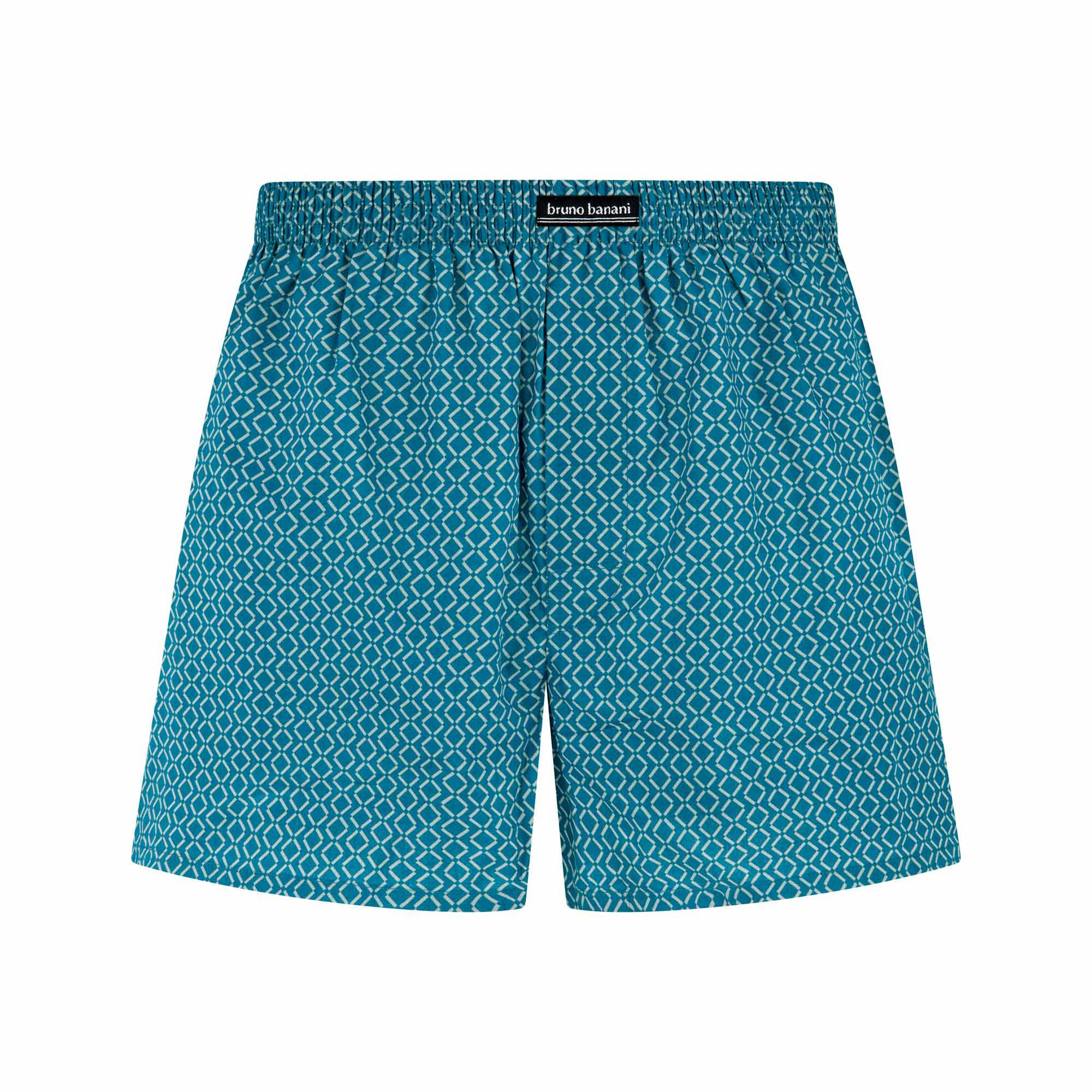 trunks, boardshorts, teal, geometric-pattern, elastic-waistband