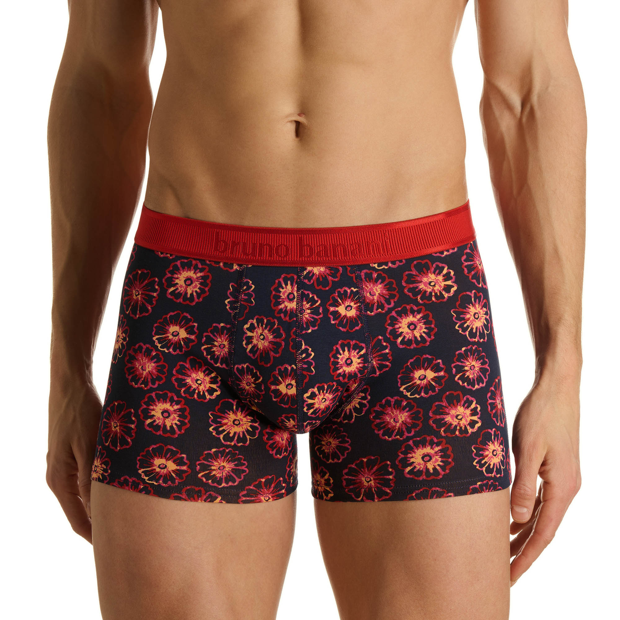 Herren-Boxershorts, Blumenmuster, Dunkelblau, Roter Bund, Kurzes Bein