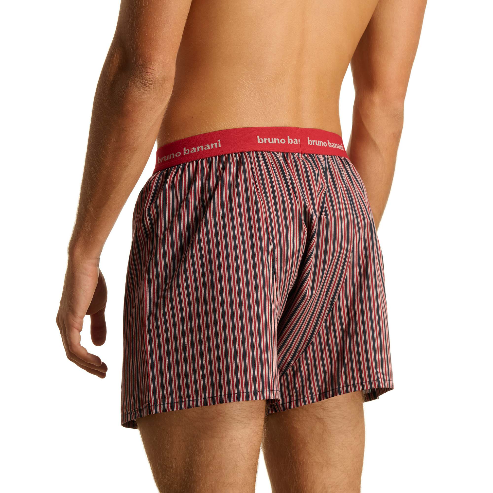 Boxershorts, Streifenmuster, roter Bund, mittlere Länge, Baumwollmischung