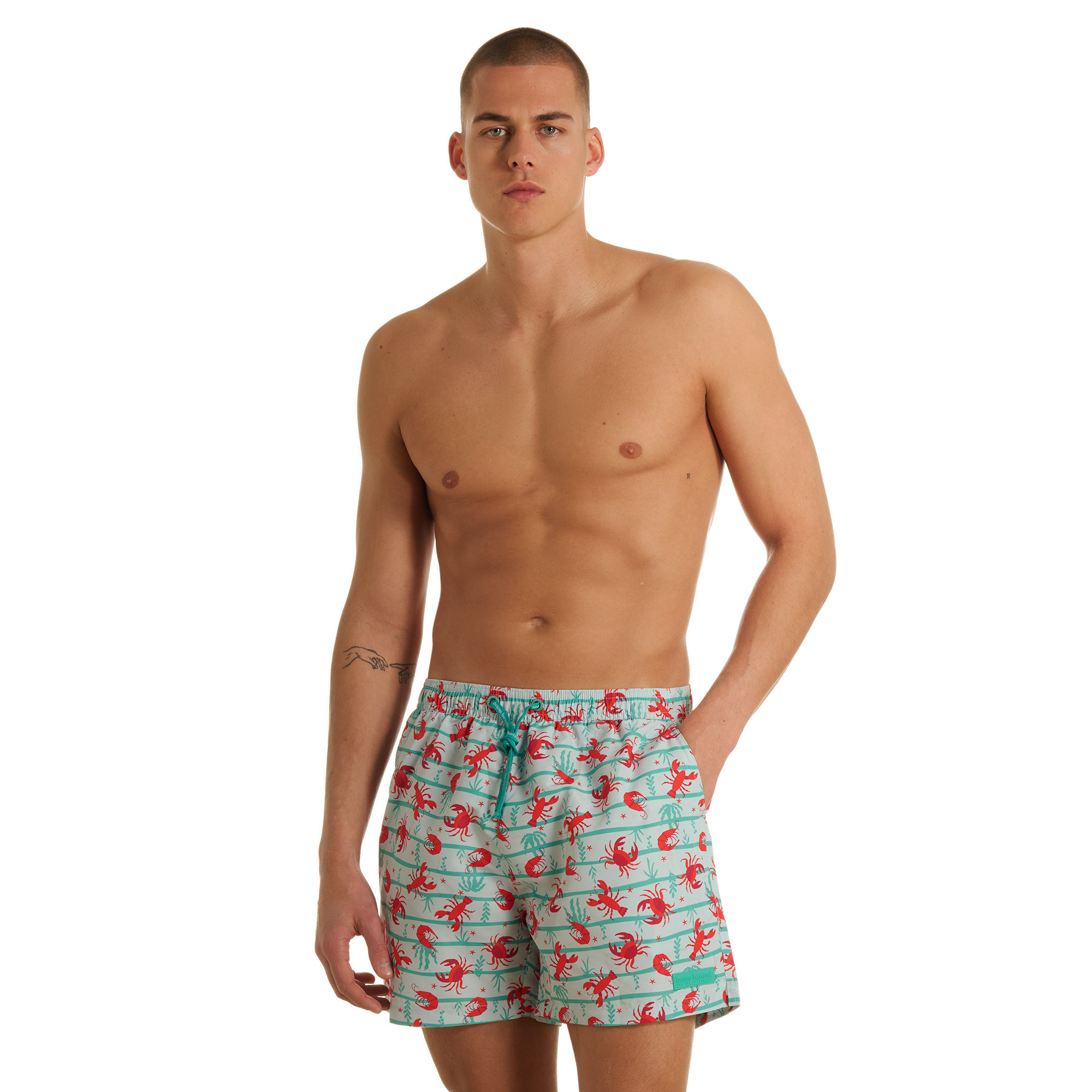 Boardshorts, Schwimmshorts, Mintgrün, Krabbenmuster, Kordelzug