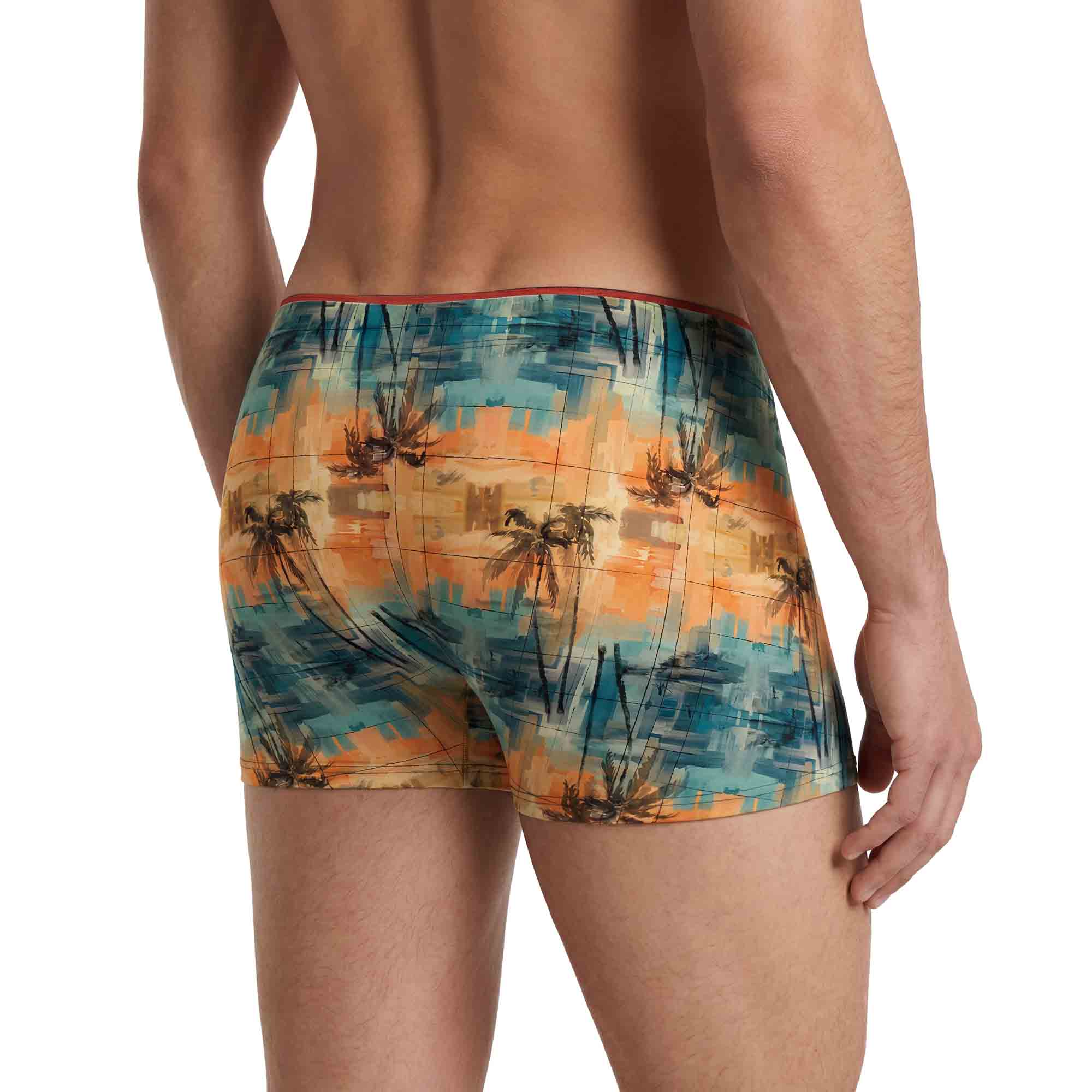 Herren-Boxershorts, Palmenmuster, Abstrakter Print, Türkis-Orange, Elastischer Bund