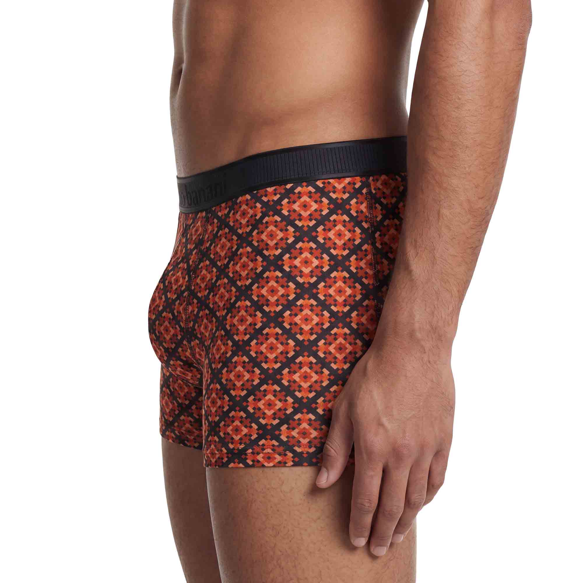 Herren-Boxershorts, Mikrofaser, Rautenmuster, Orange-Schwarz, Elastischer Bund