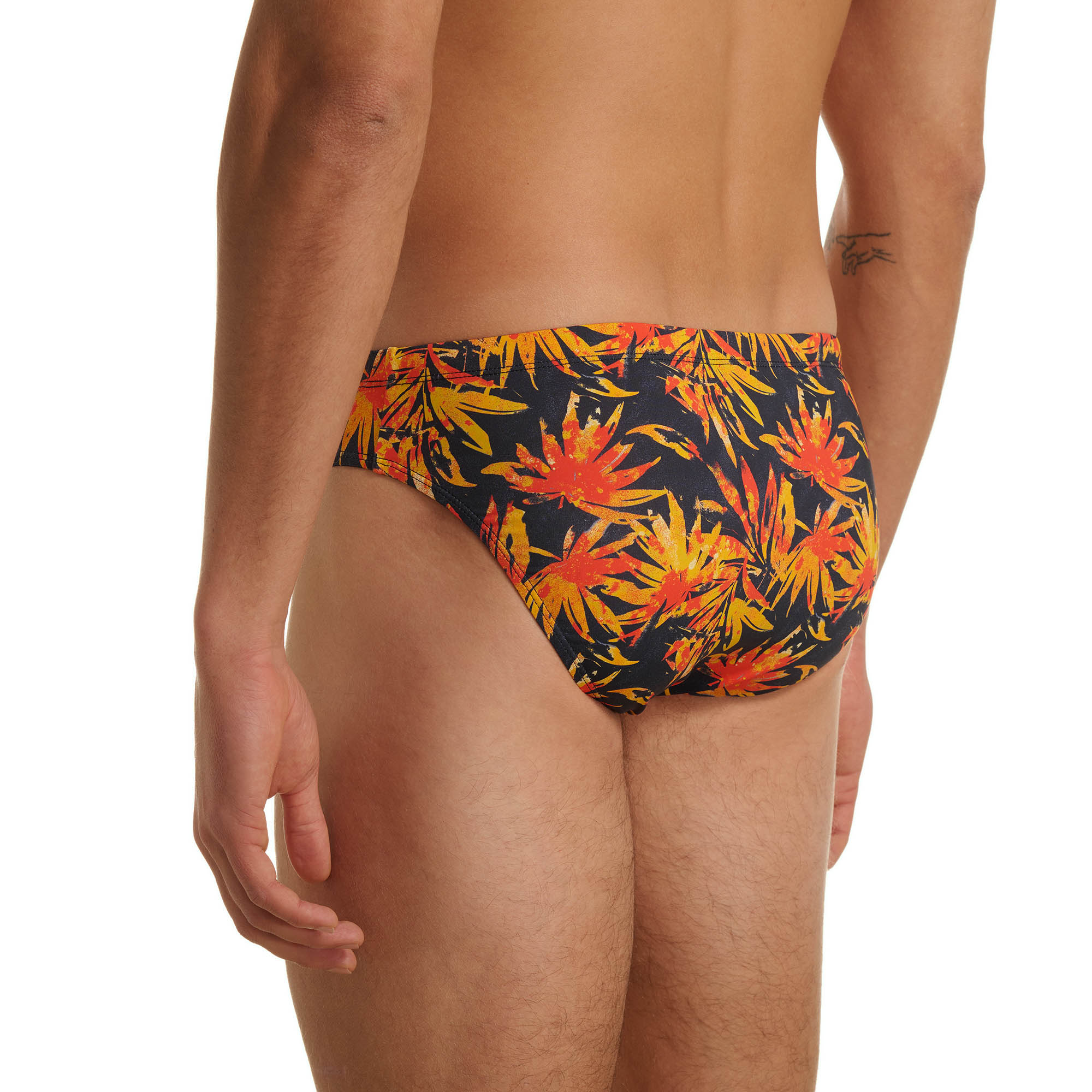 Schwimmkleidung, Slip, Druck, knalliges Muster, schwarzer Grund