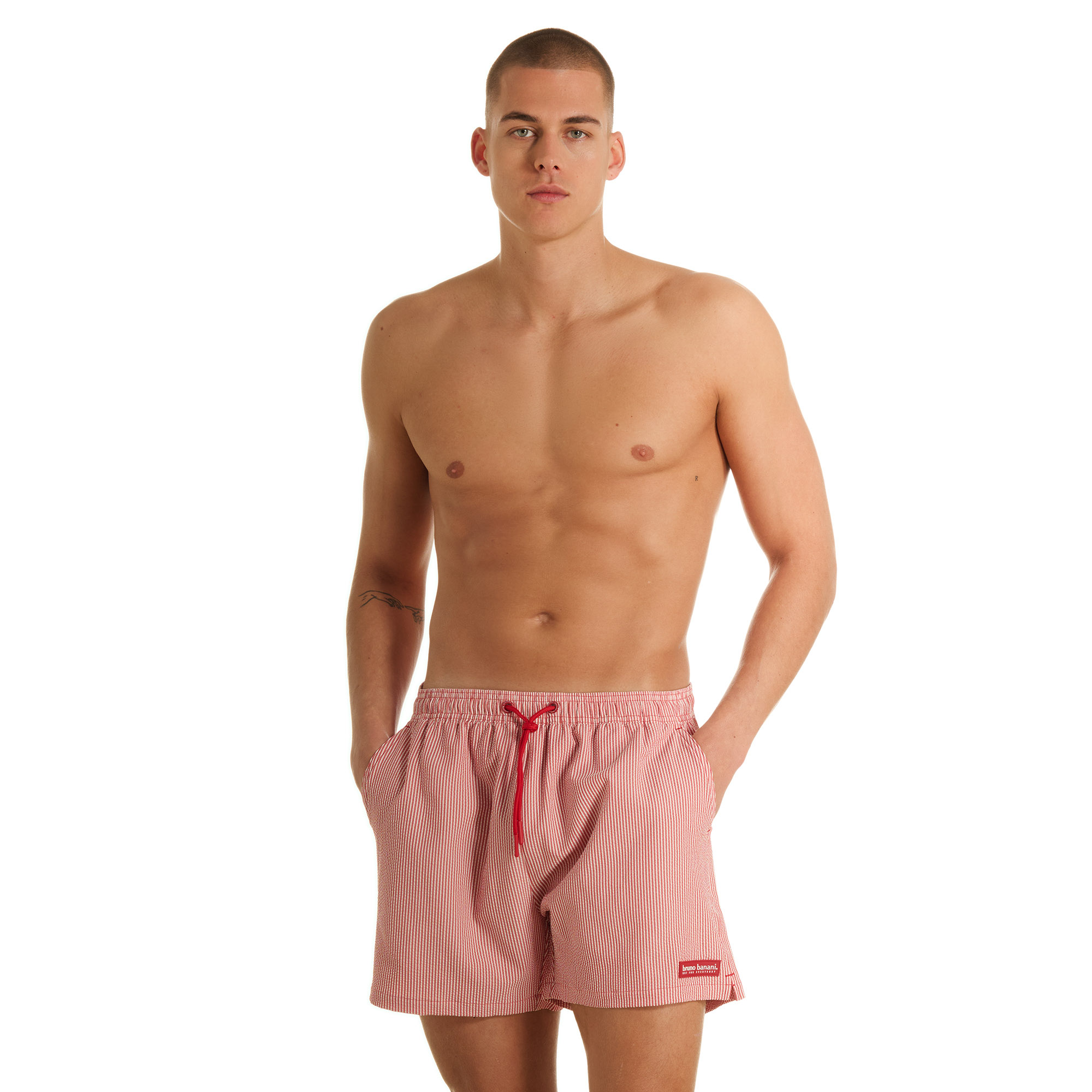 Badeshorts, Strandshorts, Rot-Weiß Streifen, Meshlose Shorts, Kordelzug
