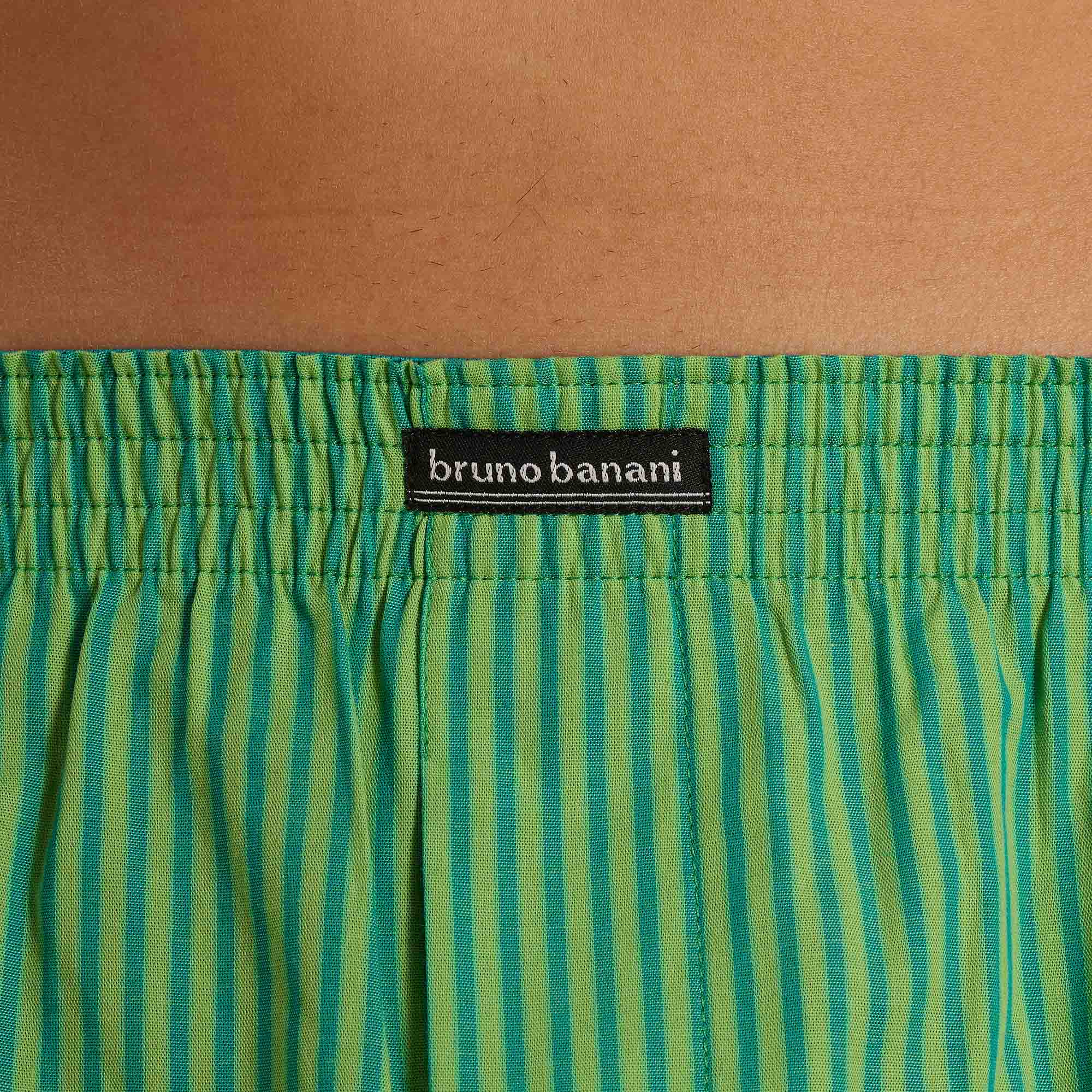 grün gestreift, gestreifter Stoff, elastischer Bund, bruno banani Label, Hose Bund