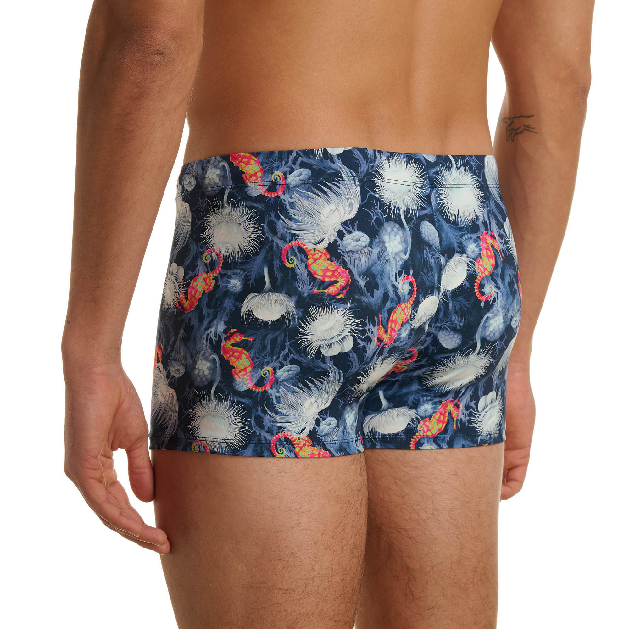 Schwimmshorts, Badeshorts, Hochbund, Flamingo Muster, Dunkelblau