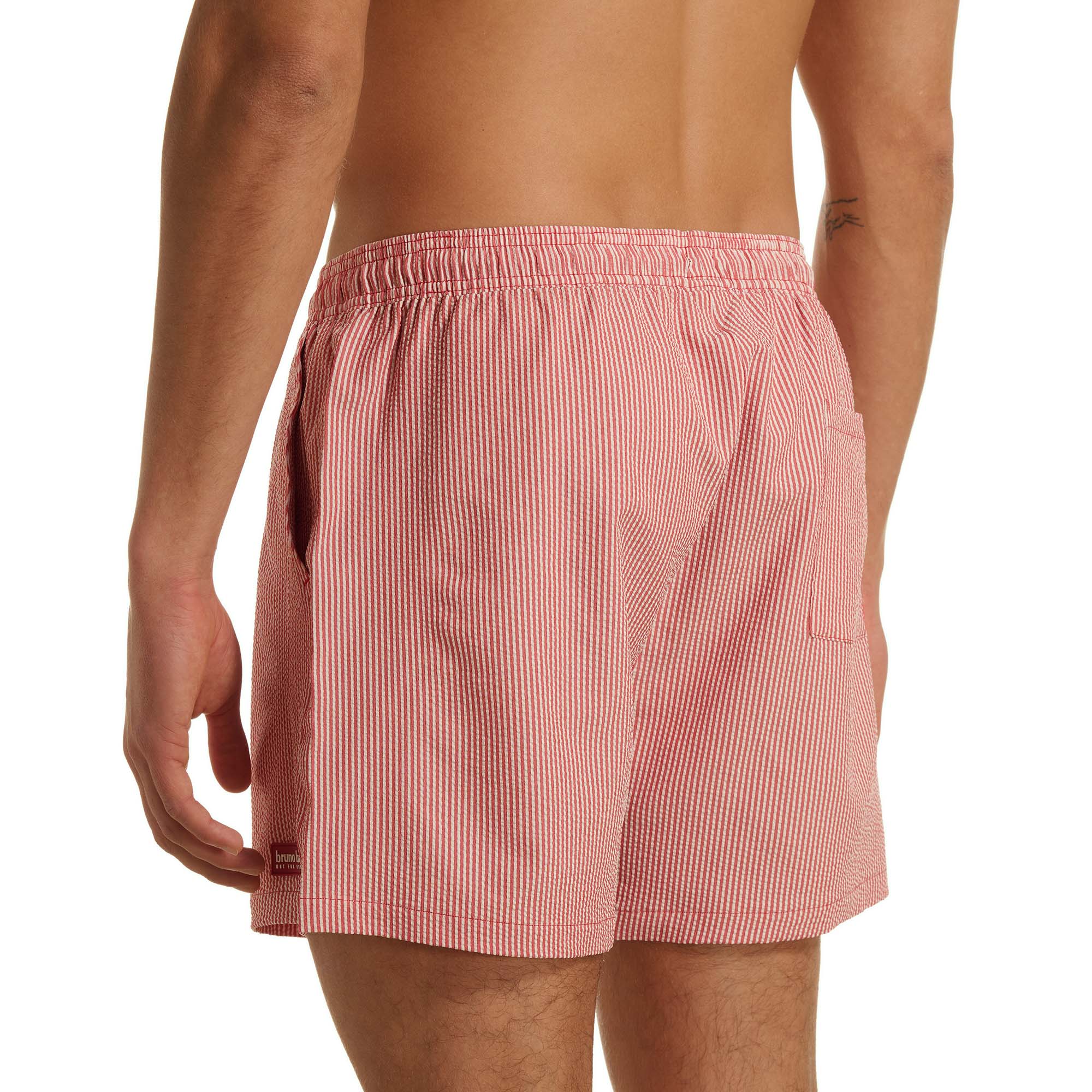 shorts, badeshorts, rote streifen, linen, rückentasche