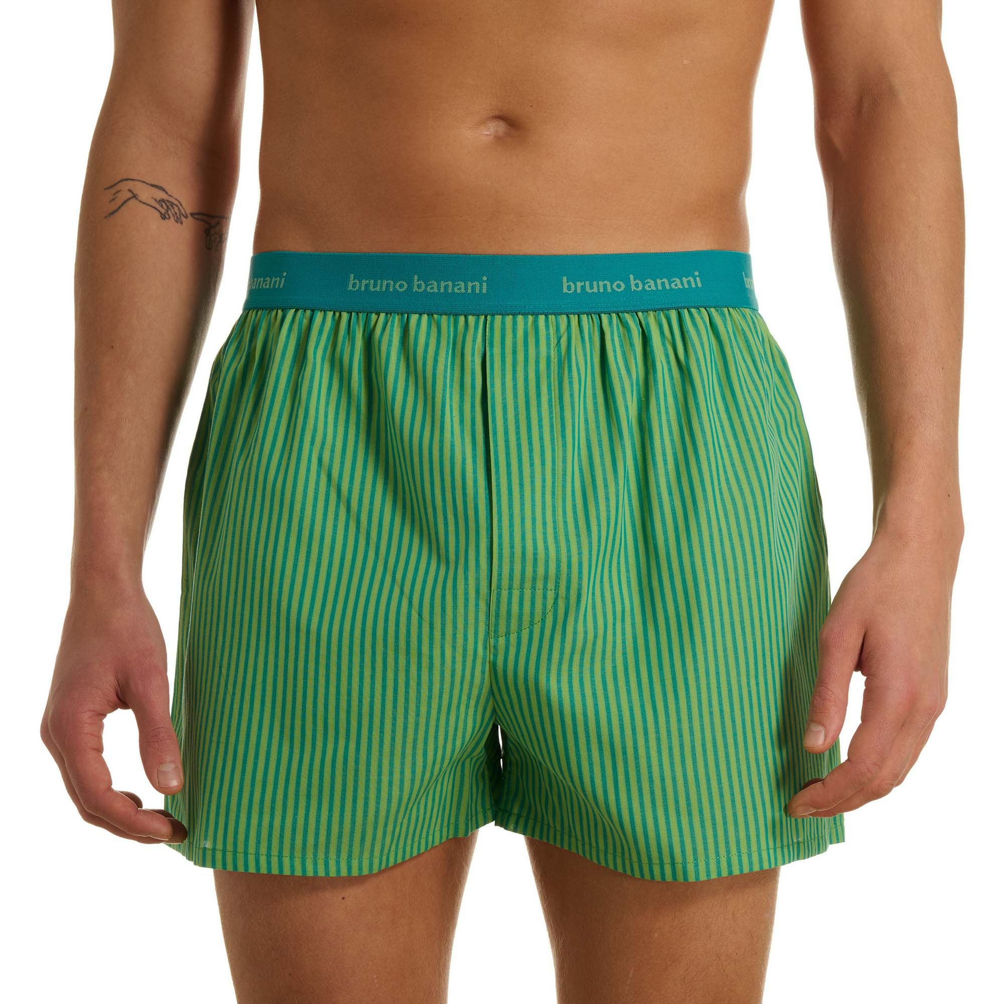 Grüne Streifen, Grüne Boxer, Gummiband, Schrittlänge, Bruno Banani sichtbar am Bund