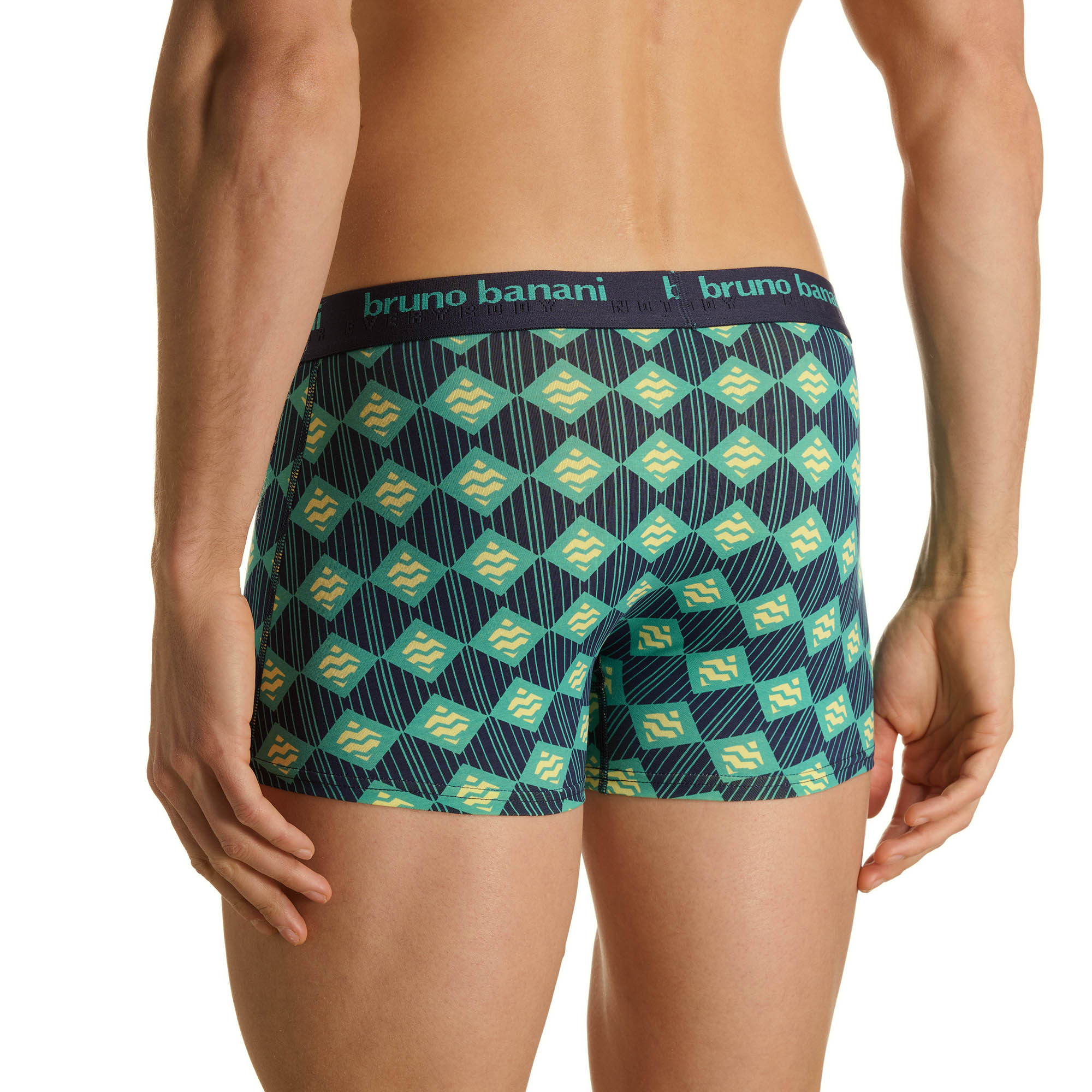 Herren-Boxershorts, Geometrisches Muster, Dunkelblau, Elastischer Bund, Grüner Print
