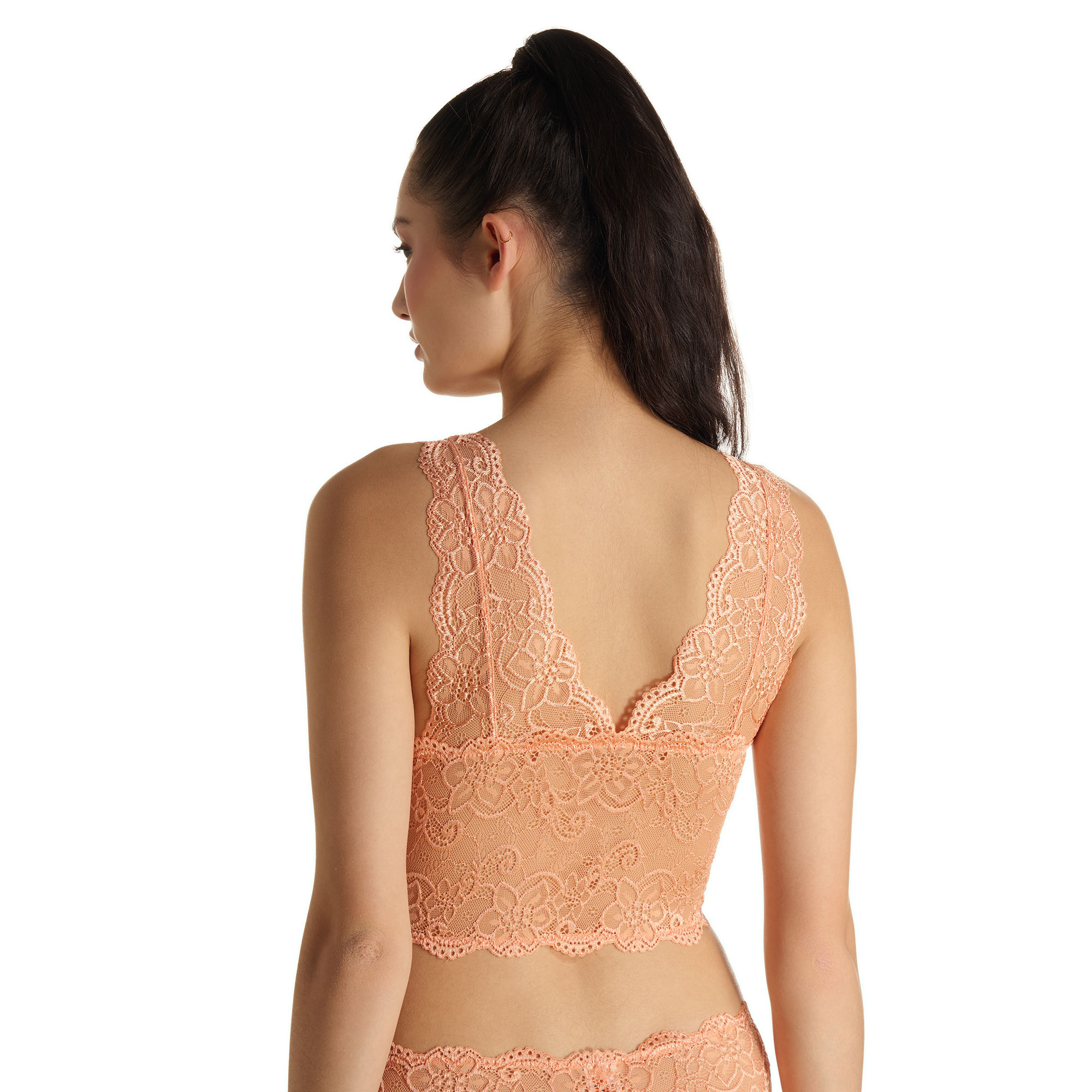 Spitzen-Top, Spitzen-BH, Pfirsichfarbe, Blumen-Spitze, V-Rücke