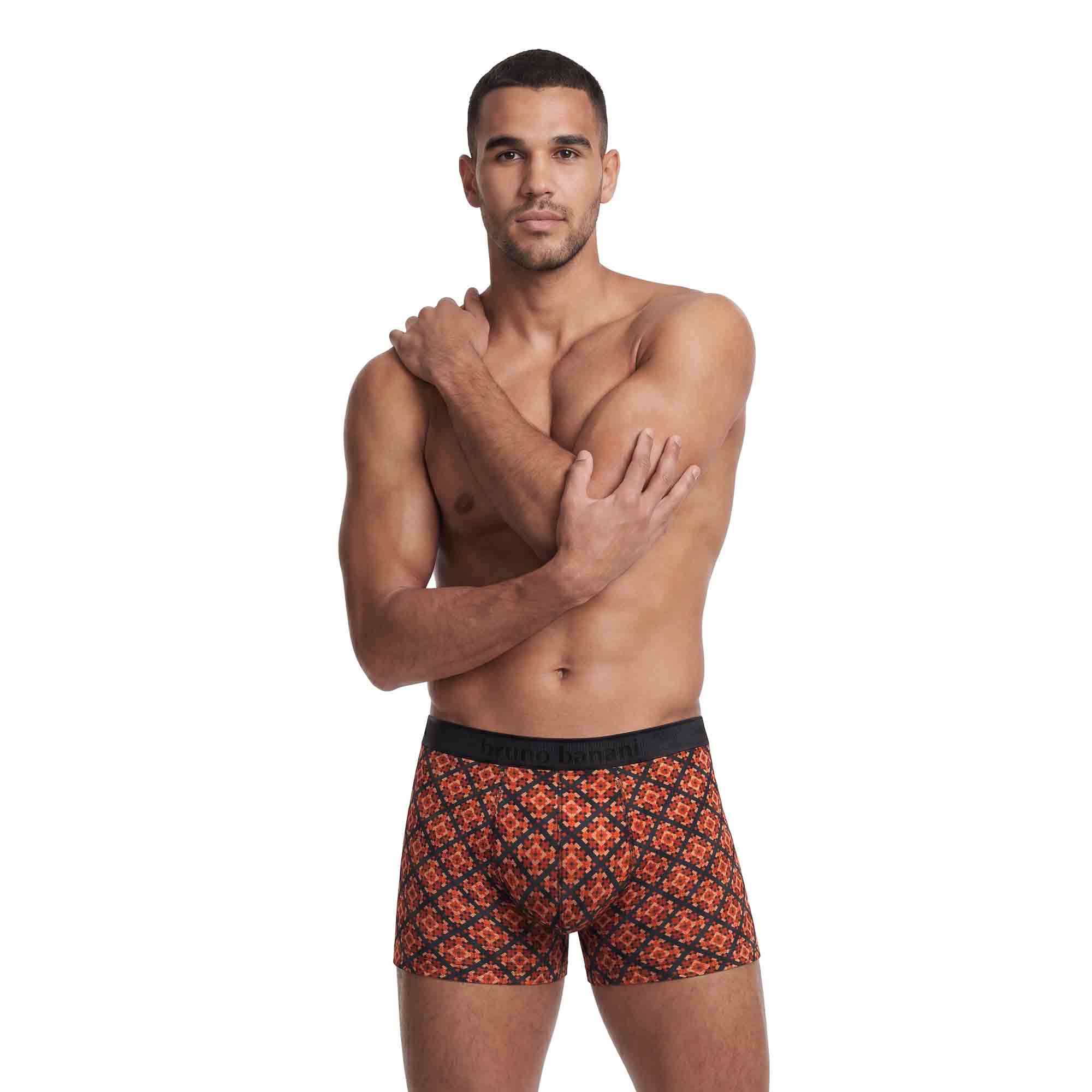 Herren-Boxershorts, Geometrisches Muster, Orange-schwarz, Elastischer Bund