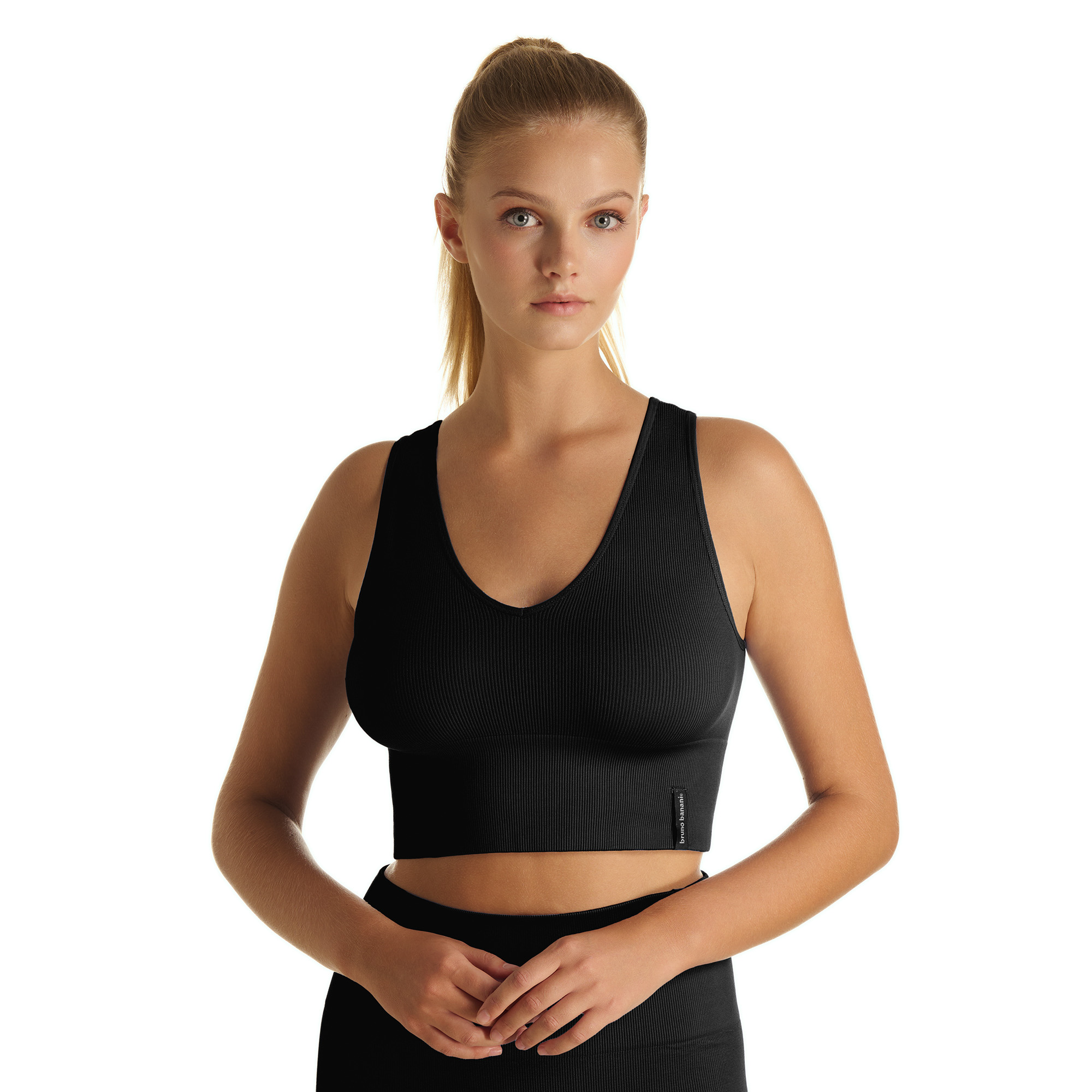Sport-BH, Schwarz, Rippenstruktur, Crop Top, Unterwäsche