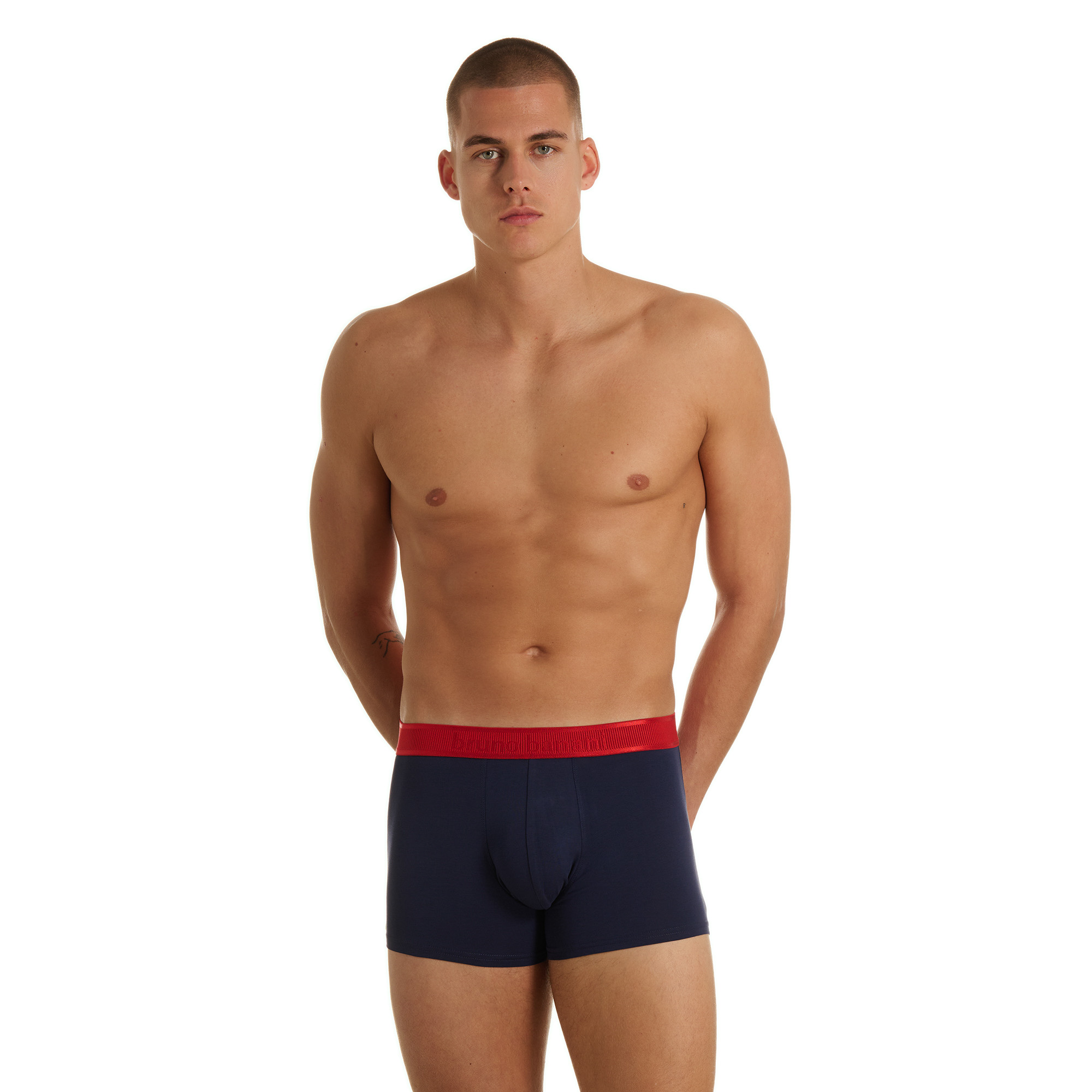Boxer, Boxer shorts, Navy blue, Red waistband, Solid color