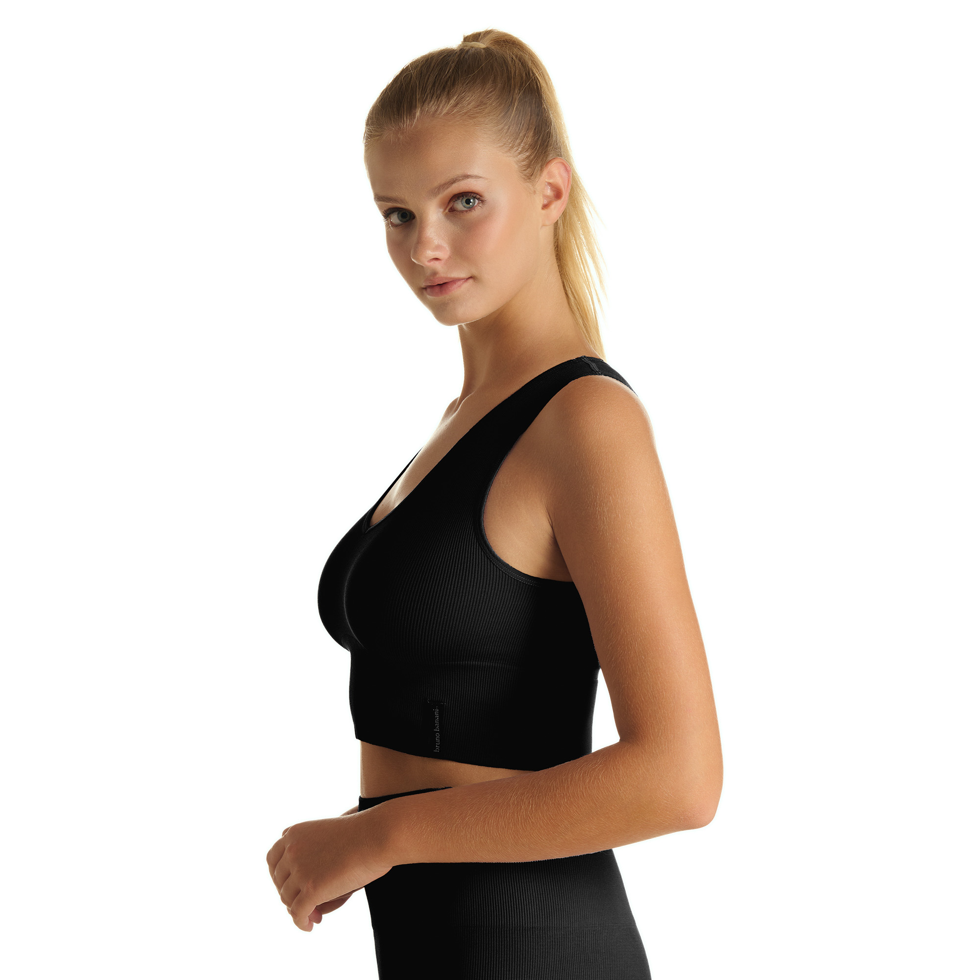 Sport-BH, Schwarz, Rippstrick, Tanktop, oberer Bustier