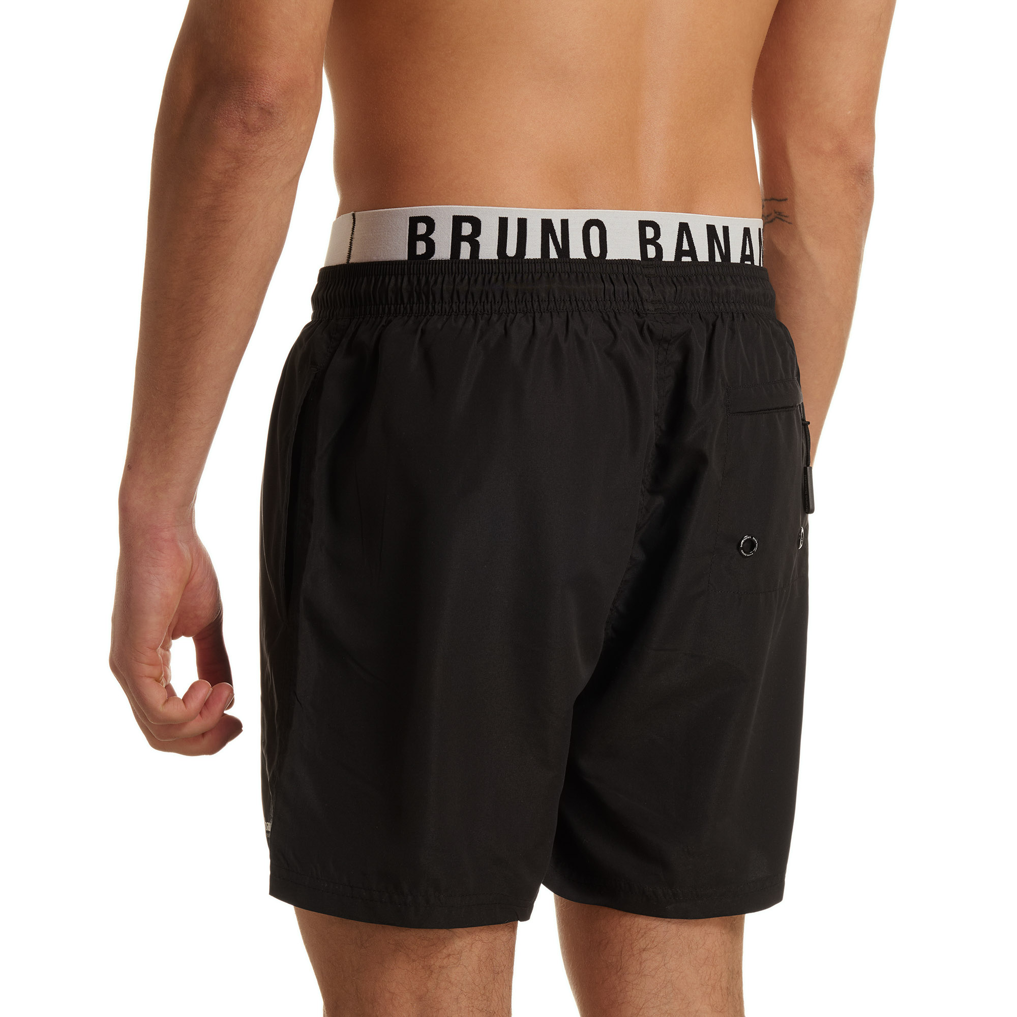 kurzehosen, badeshorts, schwarz, elastischer bund, rückentasche