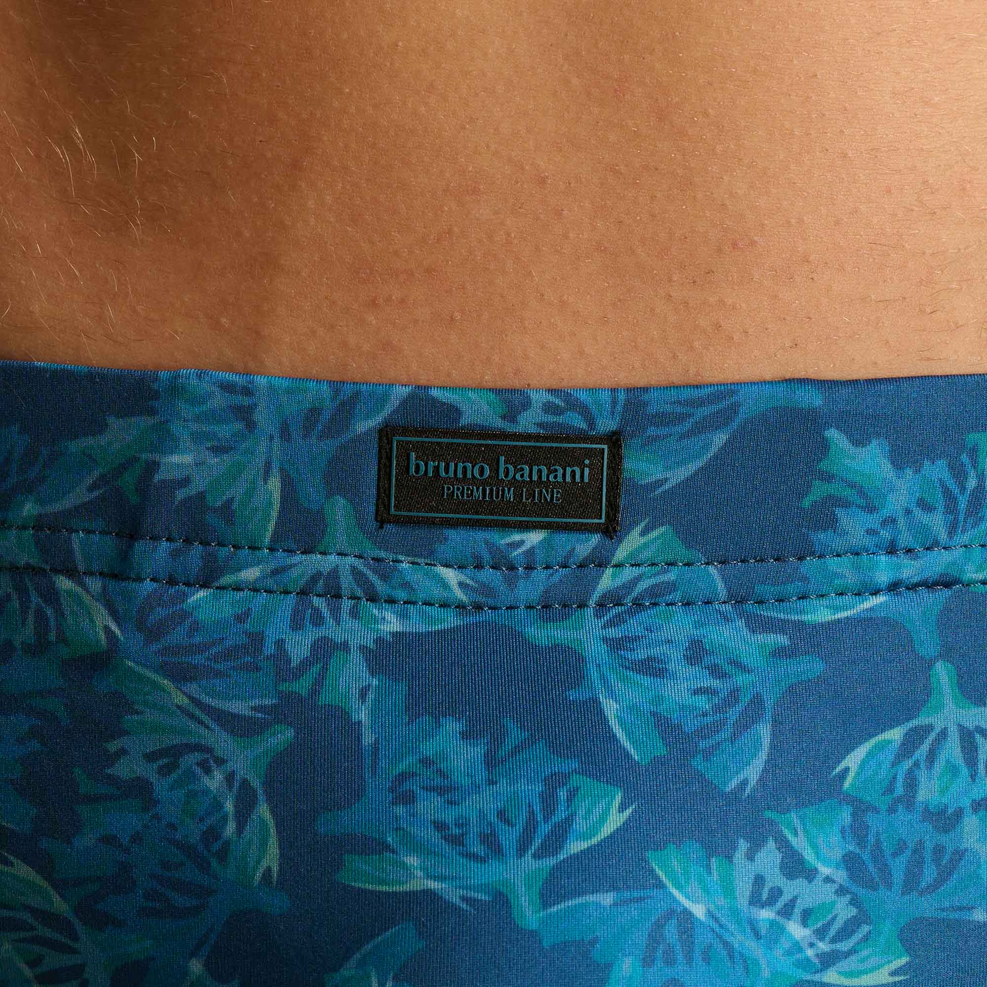 bikinihose, Bademode, blaues blumenmuster, Markenetikett, Premium-Linie