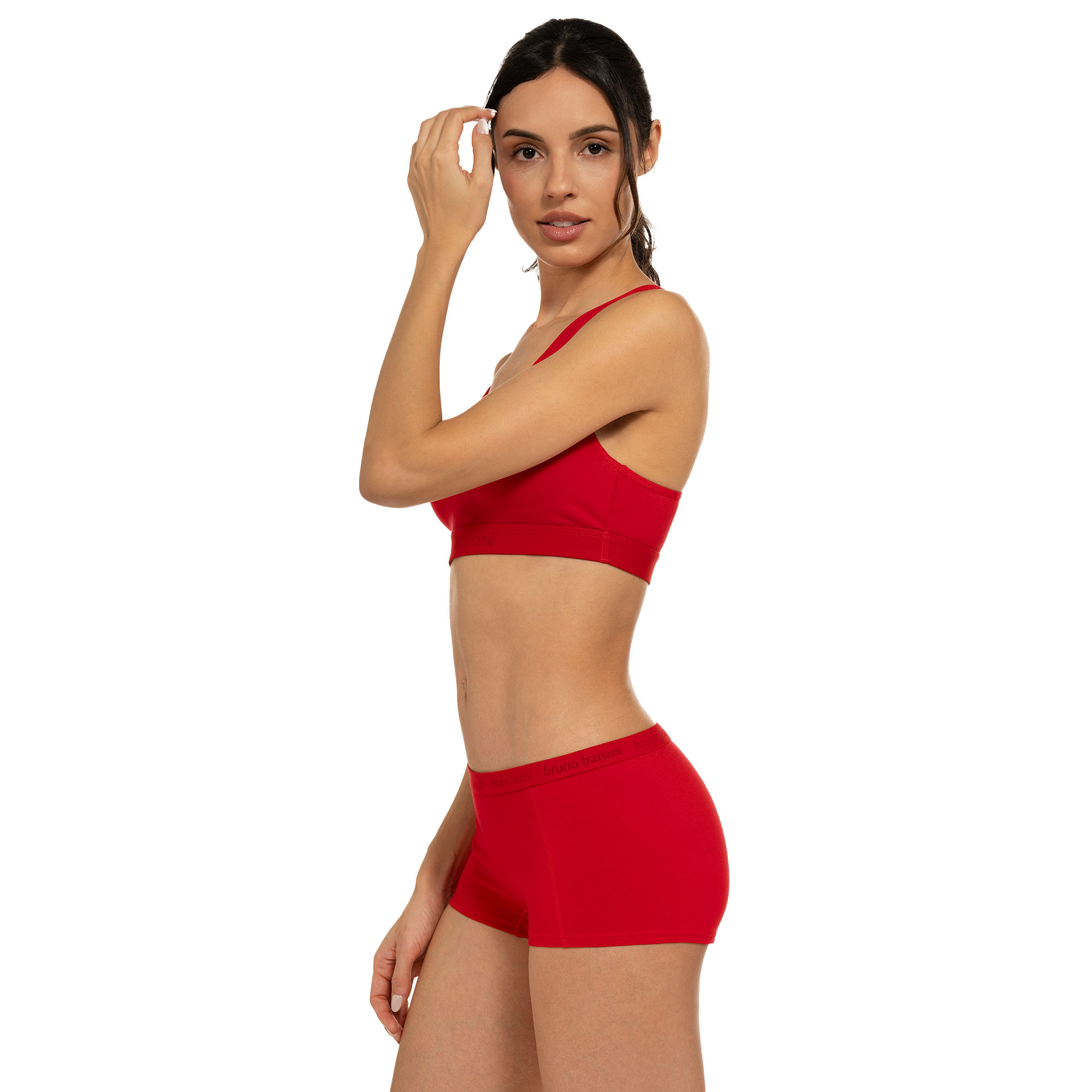 Sport-BH, Rotes Oberteil, Kurze Hose, Stretch, Fasertextil