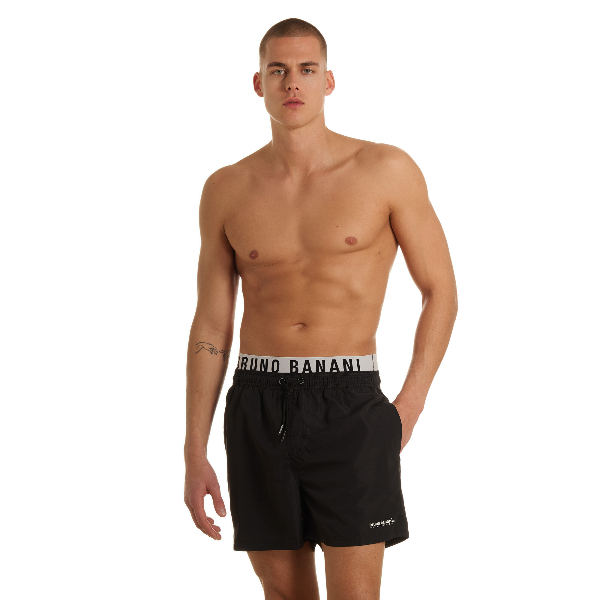 Männer-Shorts, schwarze- Beachshorts, Lounge-Shorts, elastischer Bund, Bruno Banani Logo