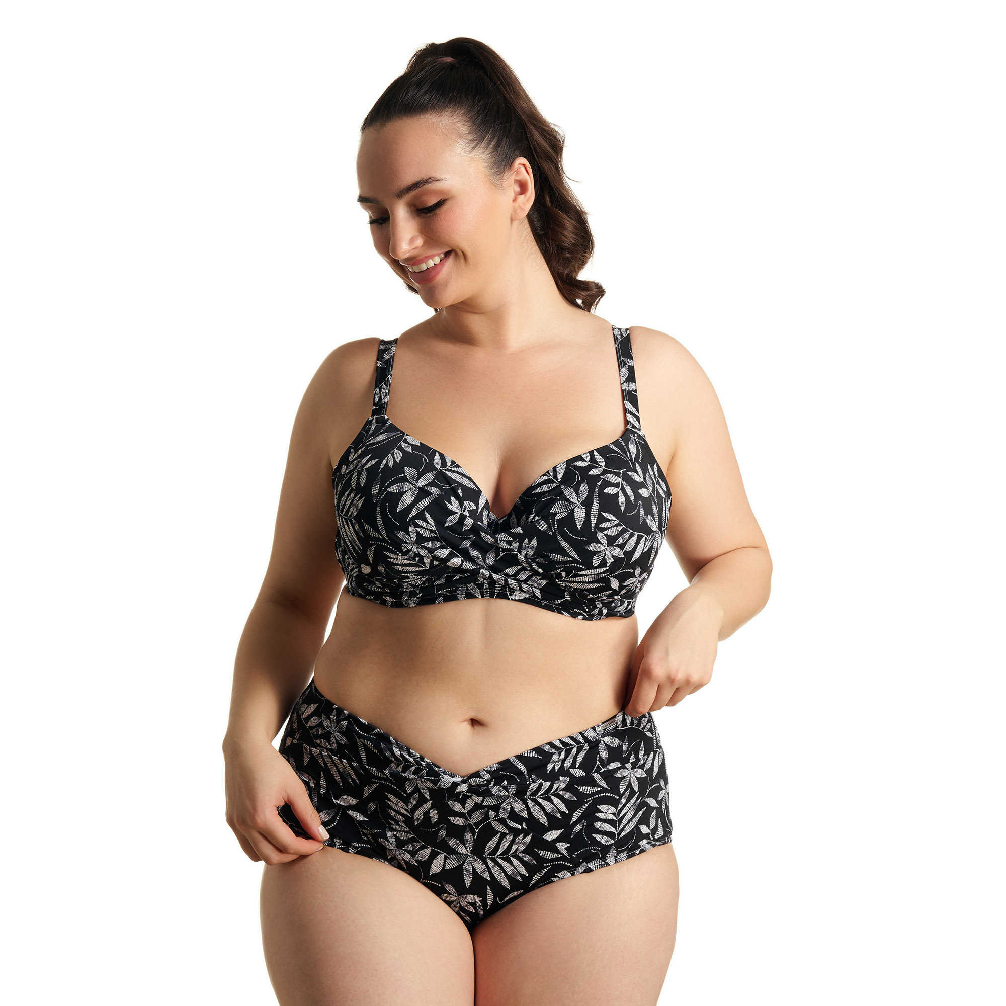 Bikini, Zweiteiliges, Bademode, Blätter-Muster, Schwarz