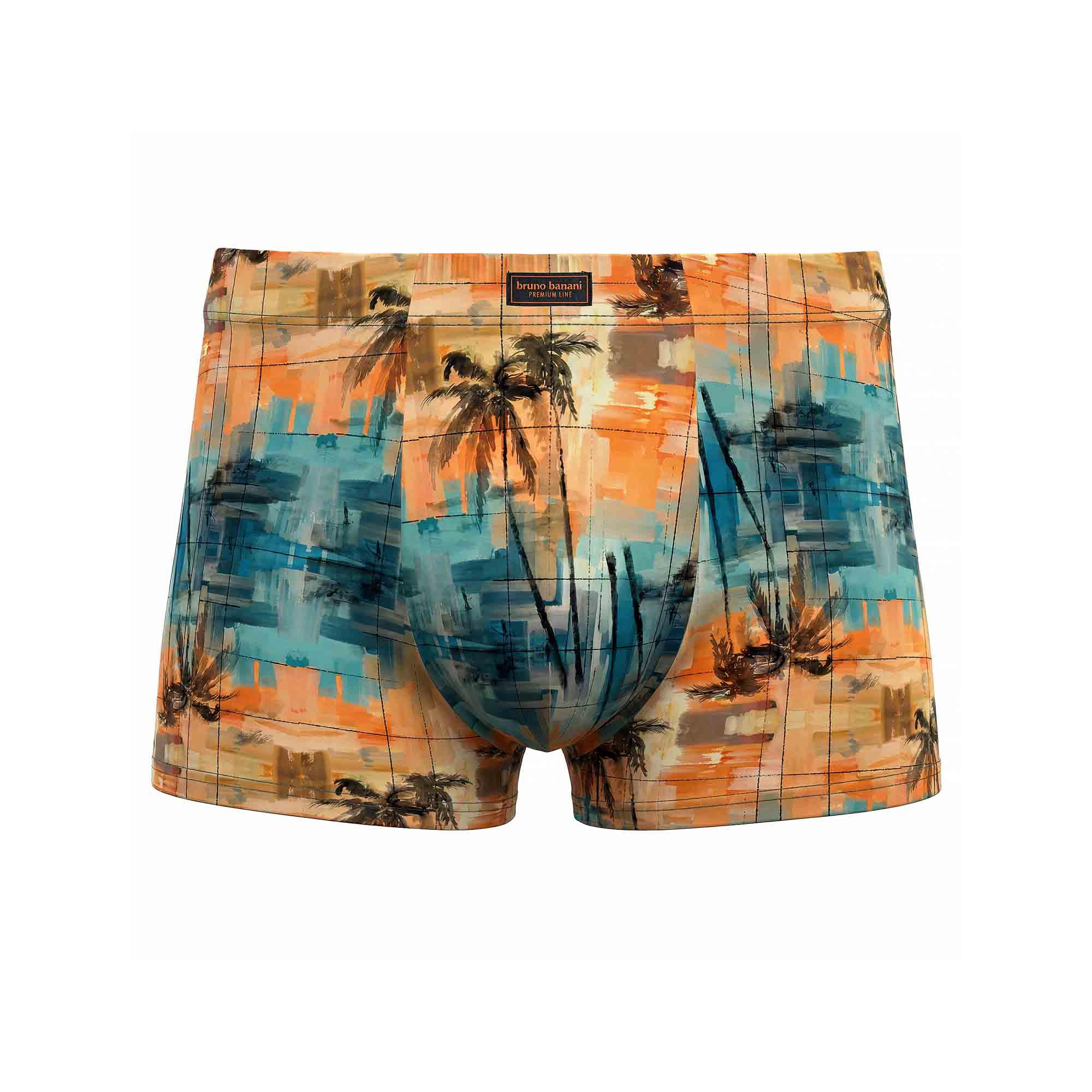 Herren-Boxershorts, Palmenmuster, Orange und Türkis, Stretchmaterial, Elastischer Bund