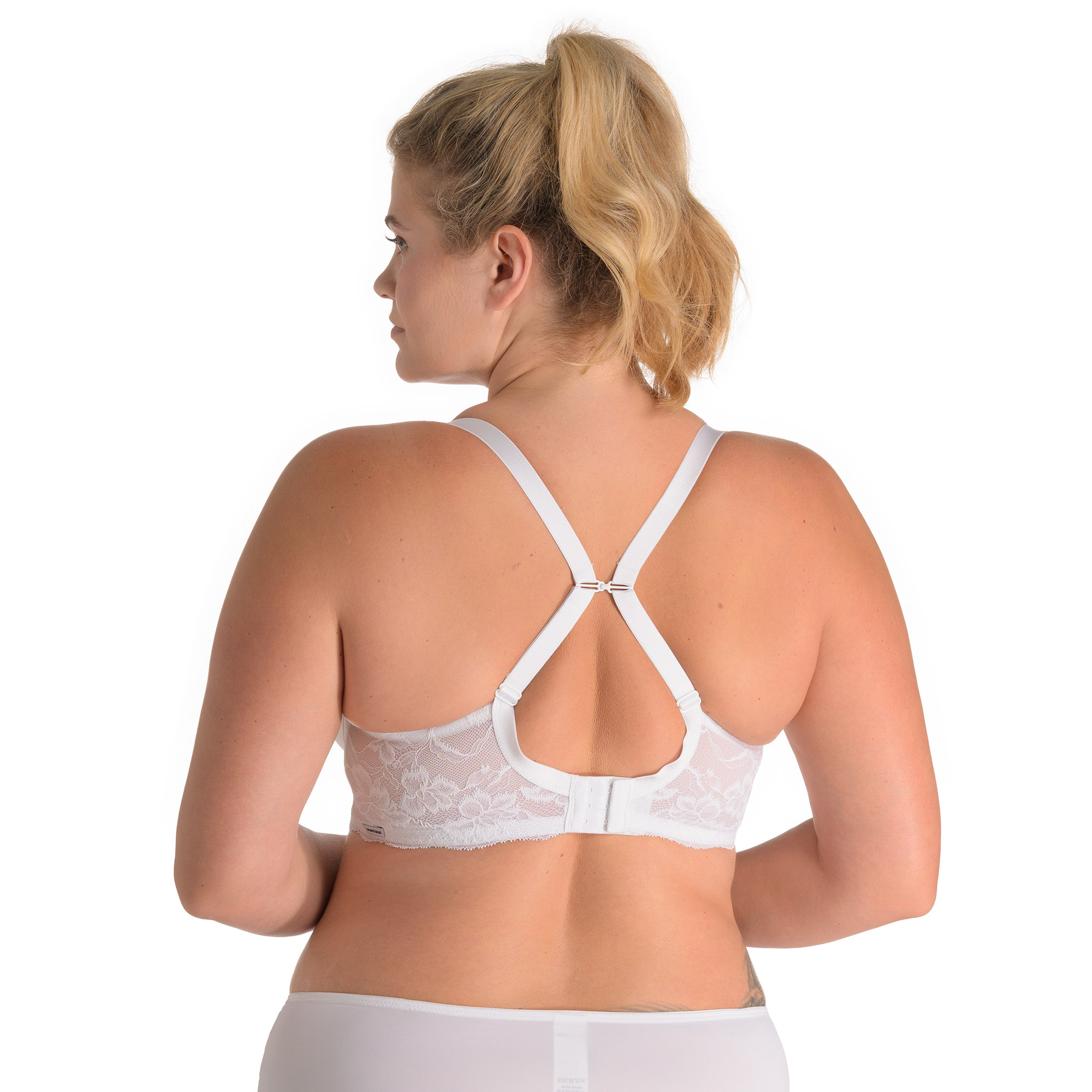 BH-Strap, Spitzen-BH, weißer BH, Rückenteil-Detail, Plus-Size