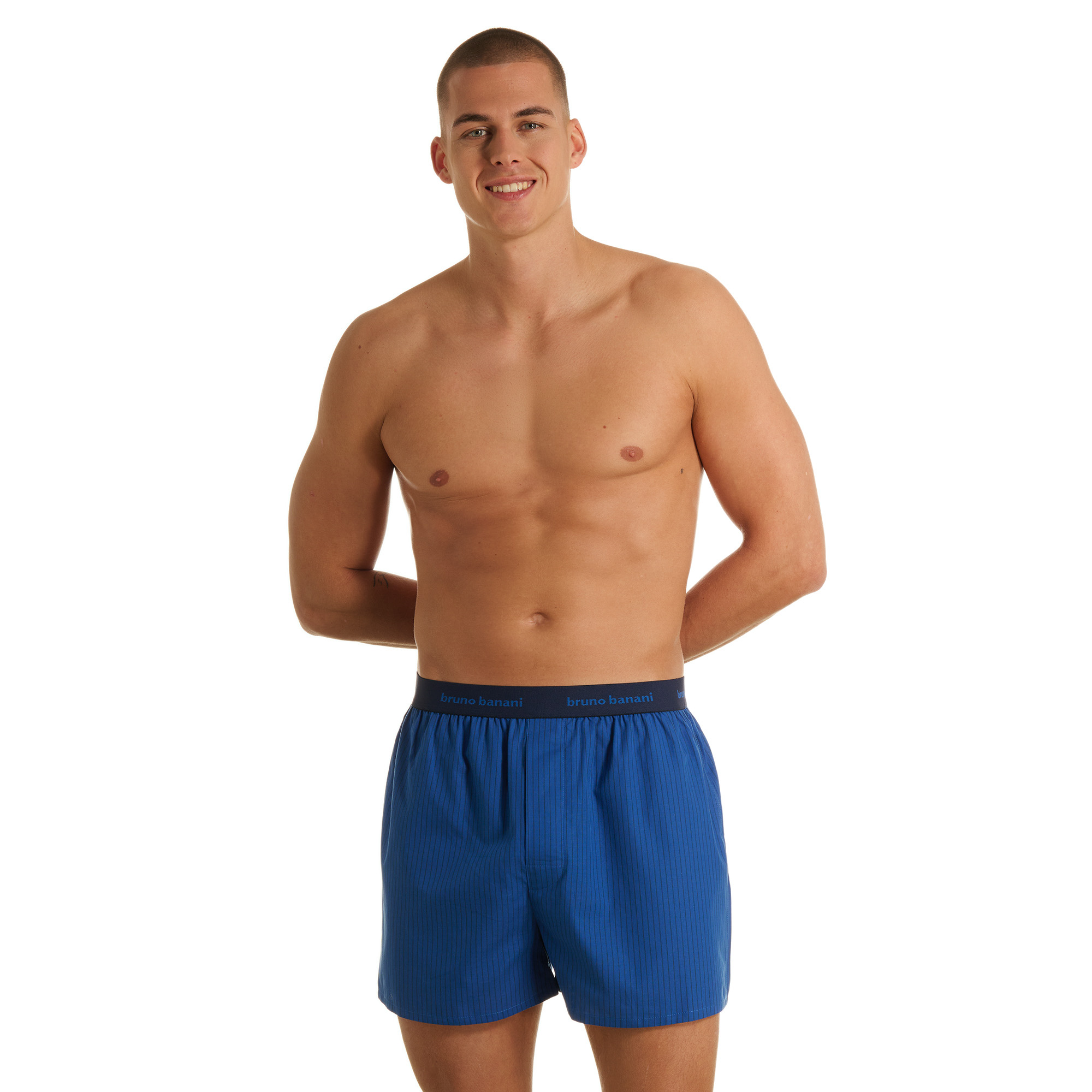 Boxershorts, blaue Shorts, elastischer Bund, gestreiftes Muster, Herrenunterwäsche