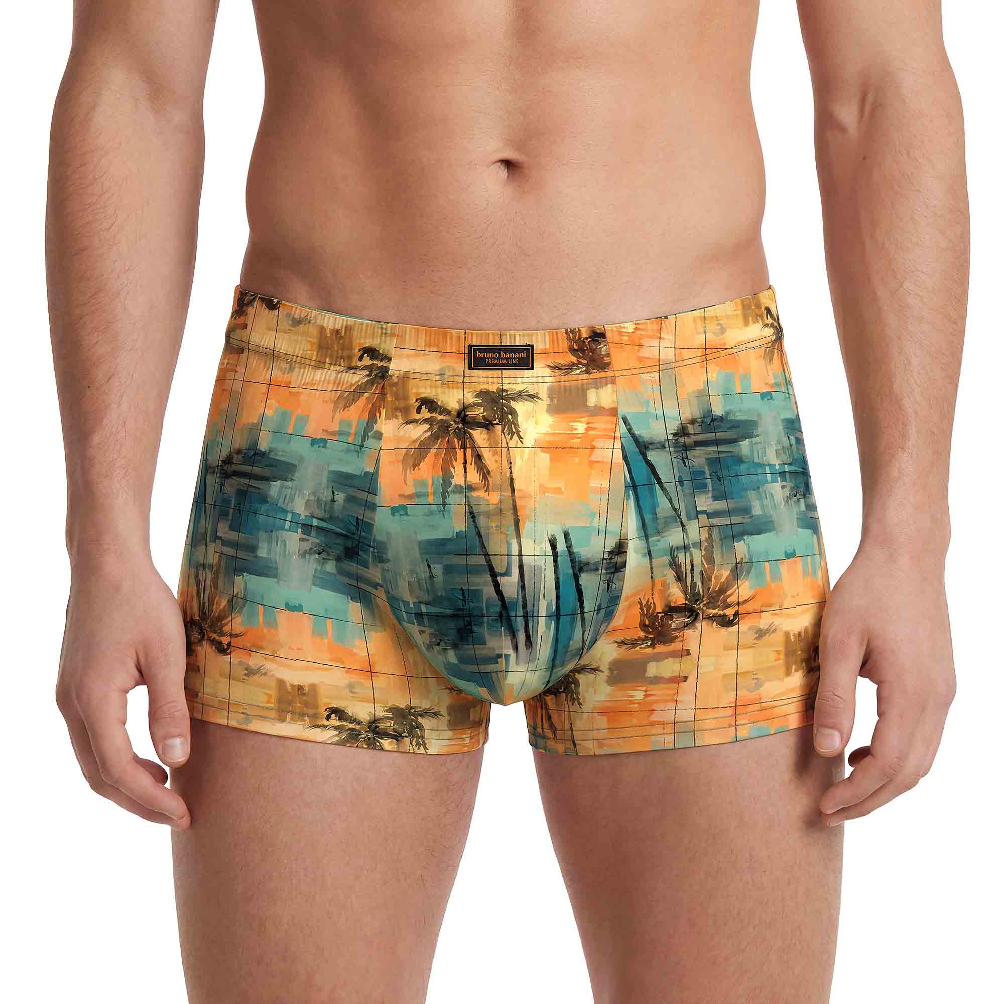 Herren-Boxershorts, Bunter Print, Palmenmotiv, Orange-Türkis, Elastischer Bund