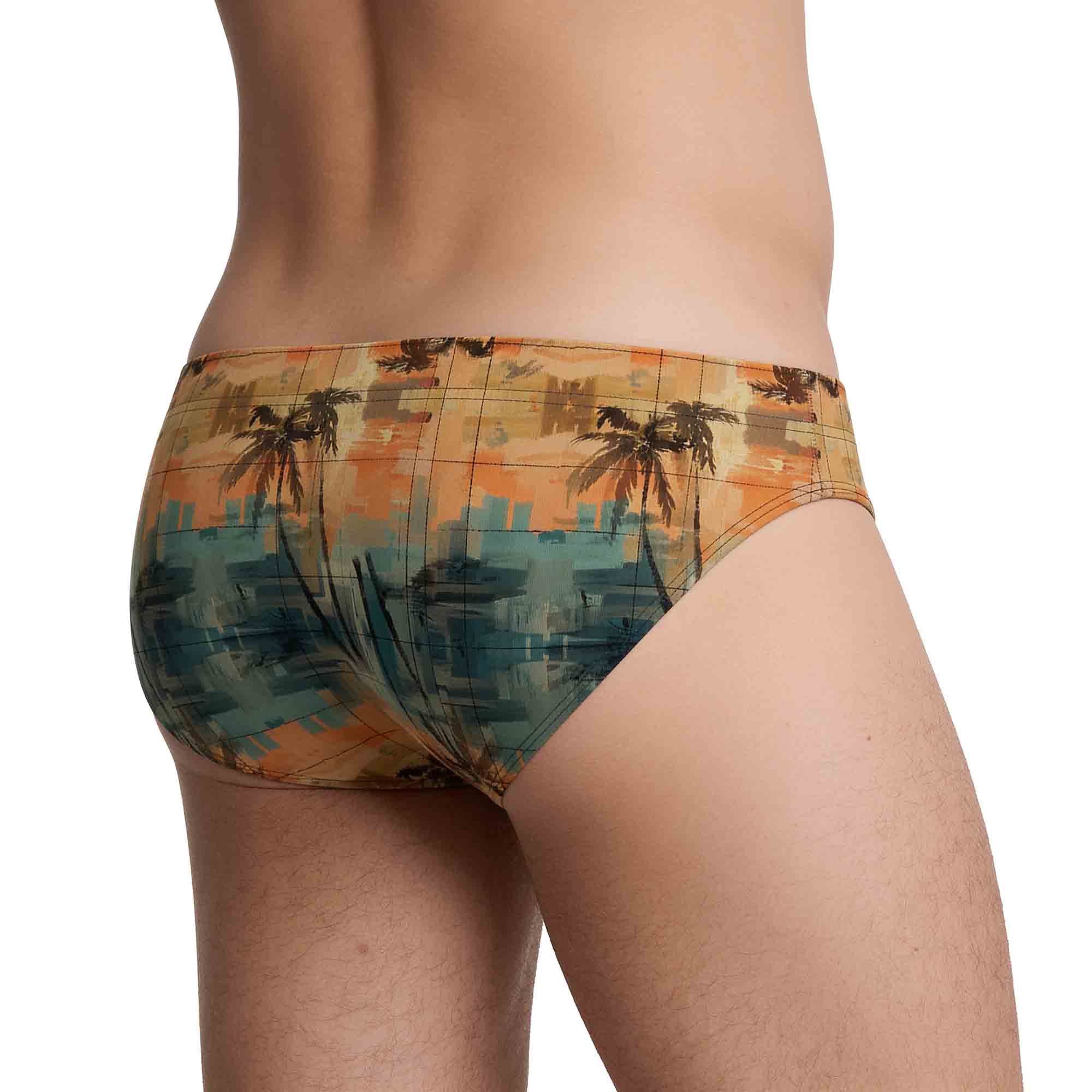 Herren-Slip, Badehose, Palmenmuster, orange-blau, Karomuster