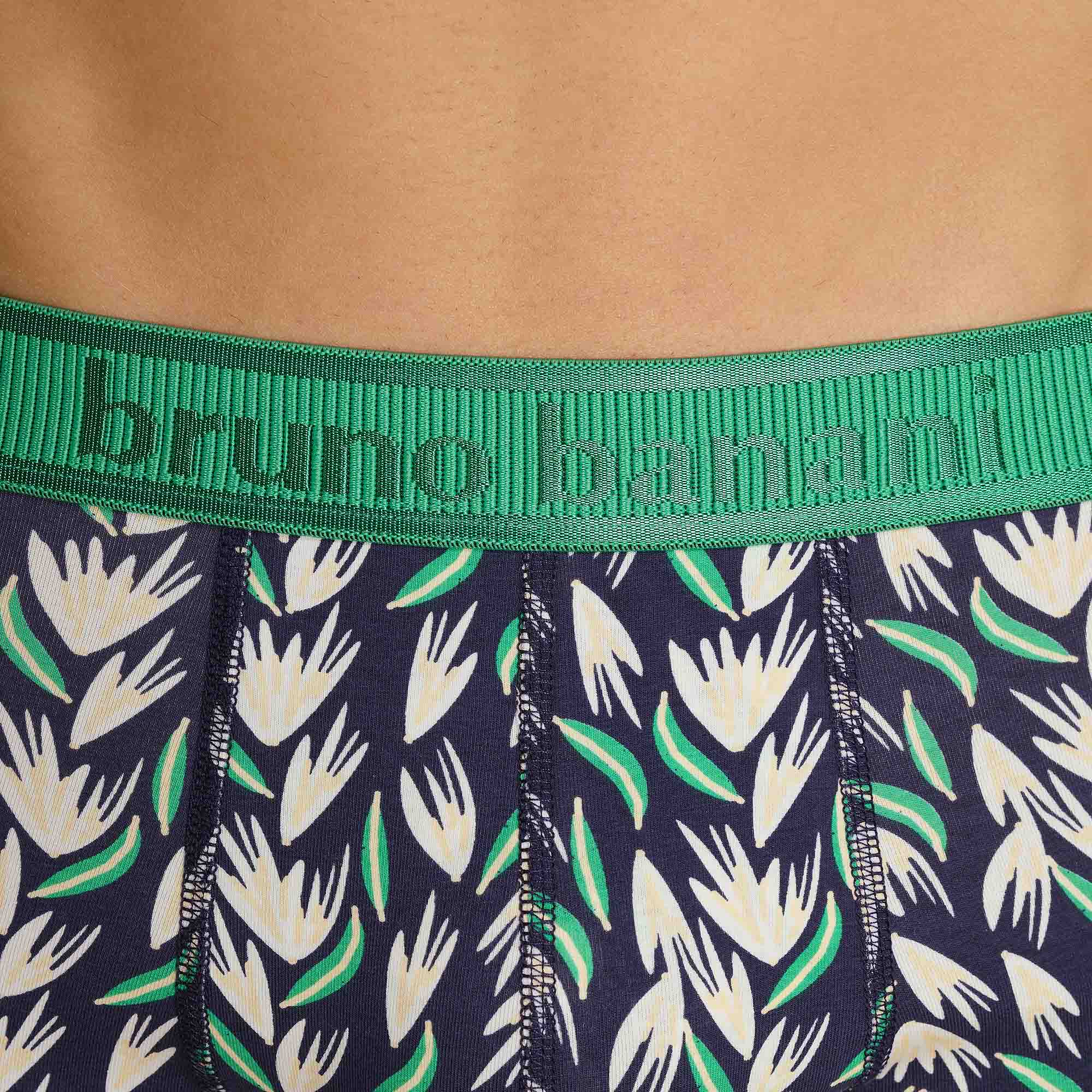 unterwäsche, hoher bund, pflanzenmuster, grüner gummi, navy/blau