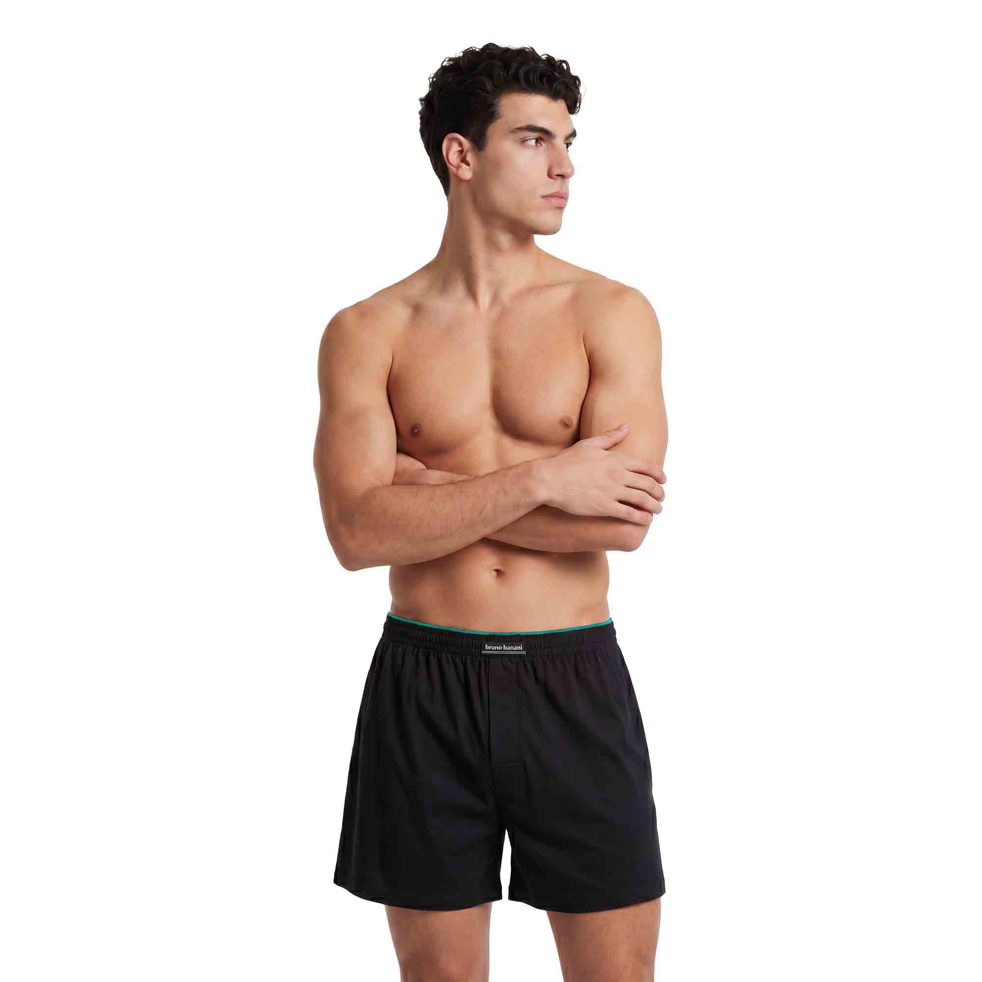 Herren-Boxershorts, Schwarz, Webstoff, Elastischer Bund, Türkise Bundkante