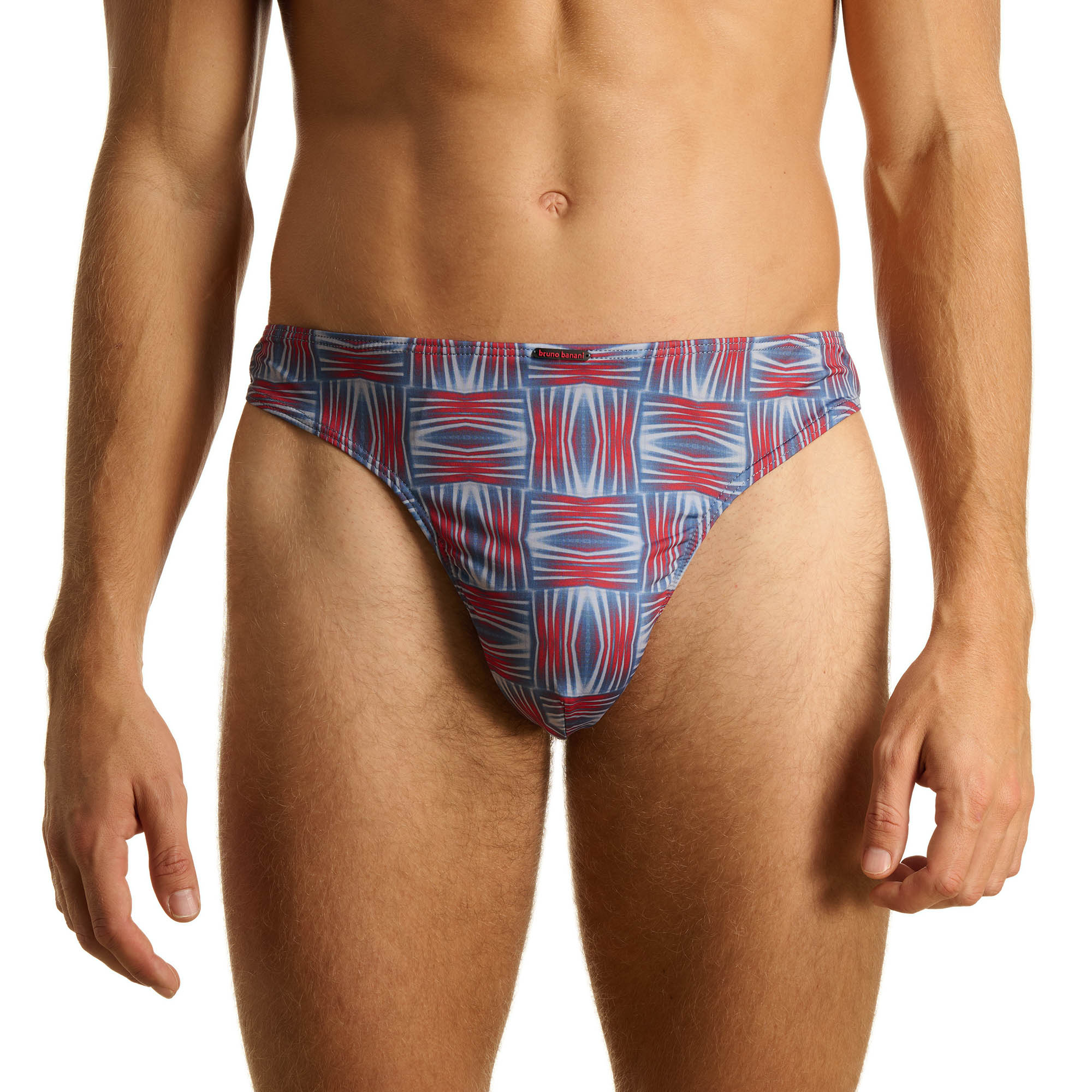 Bikinihose, Mikroplis, Blaurot Muster, Herren-Badehose, Schnitt Slip